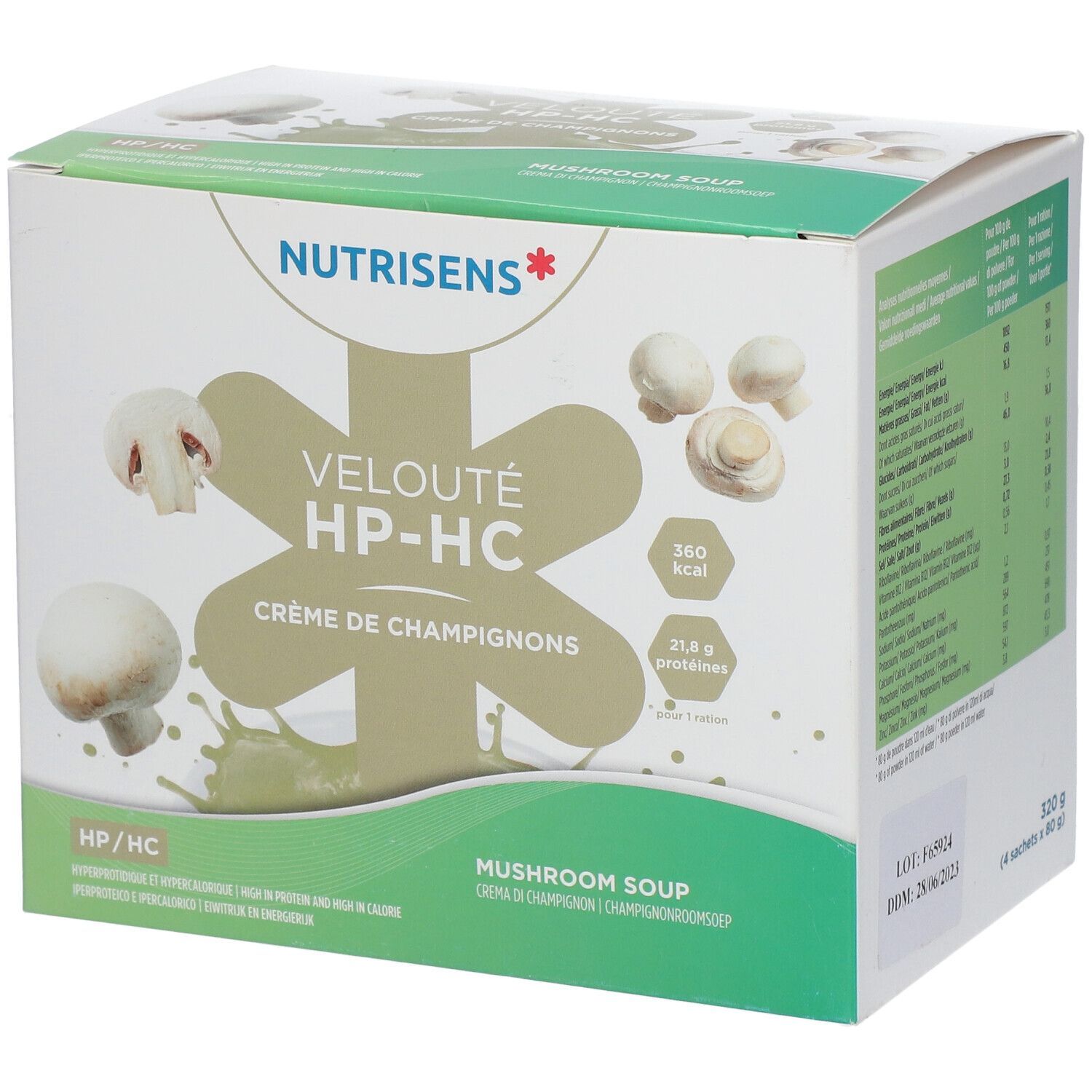 Verpakking NUTRISENS VELOUTÉ HP-HC Champignonsoep. Doos met productnaam, paddenstoelafbeeldingen en voedingswaarde.