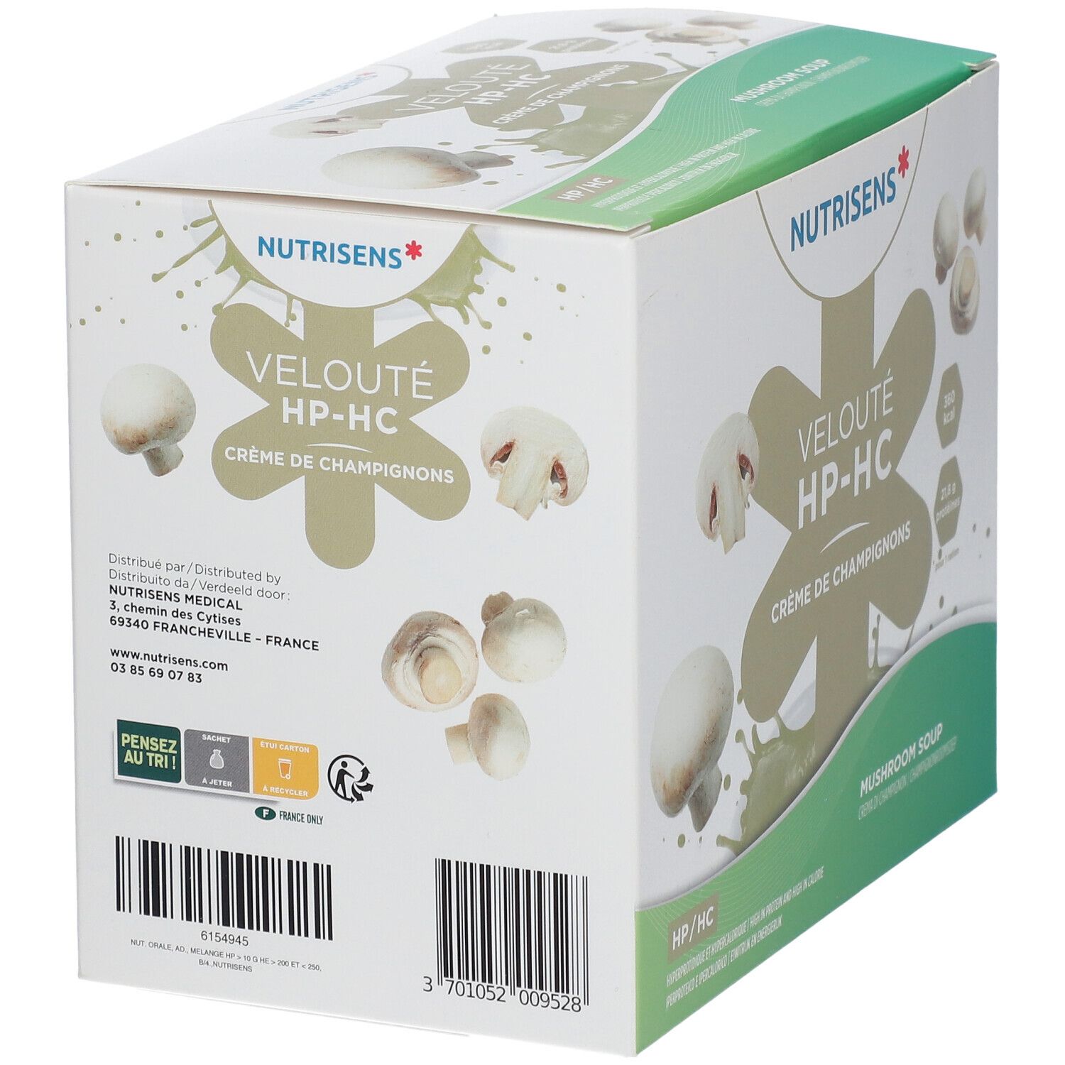 Doos NUTRISENS VELOUTÉ HP-HC Champignonsoep. Achterkant met productinformatie, barcode en fabrikantenadres.