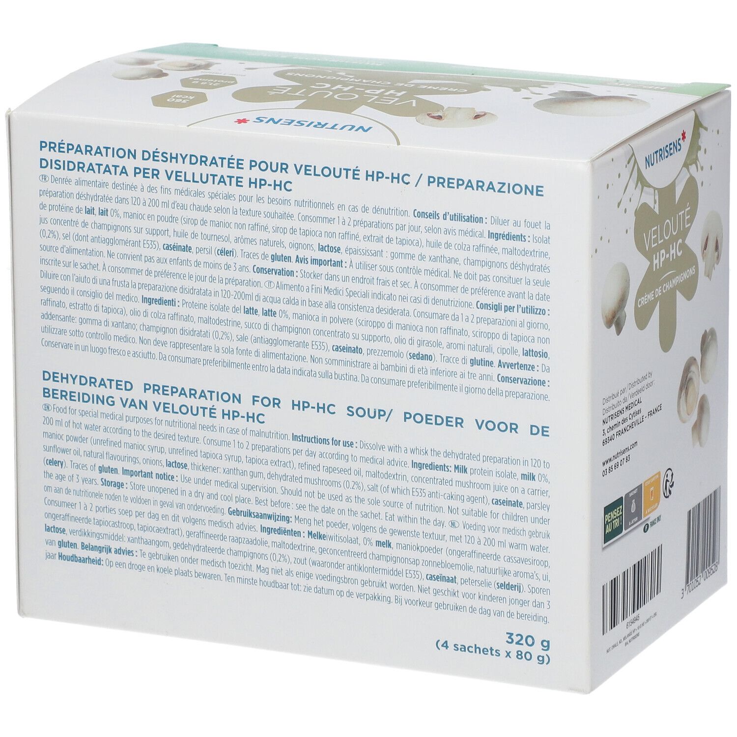 Achterkant verpakking NUTRISENS VELOUTÉ HP-HC Champignonsoep. Tekst in meerdere talen, voedingswaarde en ingrediënten.