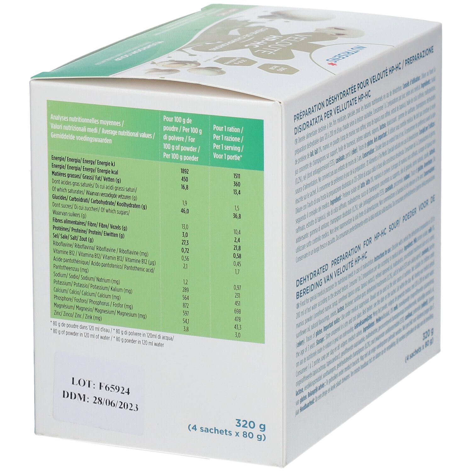 Achterkant verpakking NUTRISENS VELOUTÉ HP-HC Champignonsoep. Voedingstabel, lotnummer en vervaldatum.