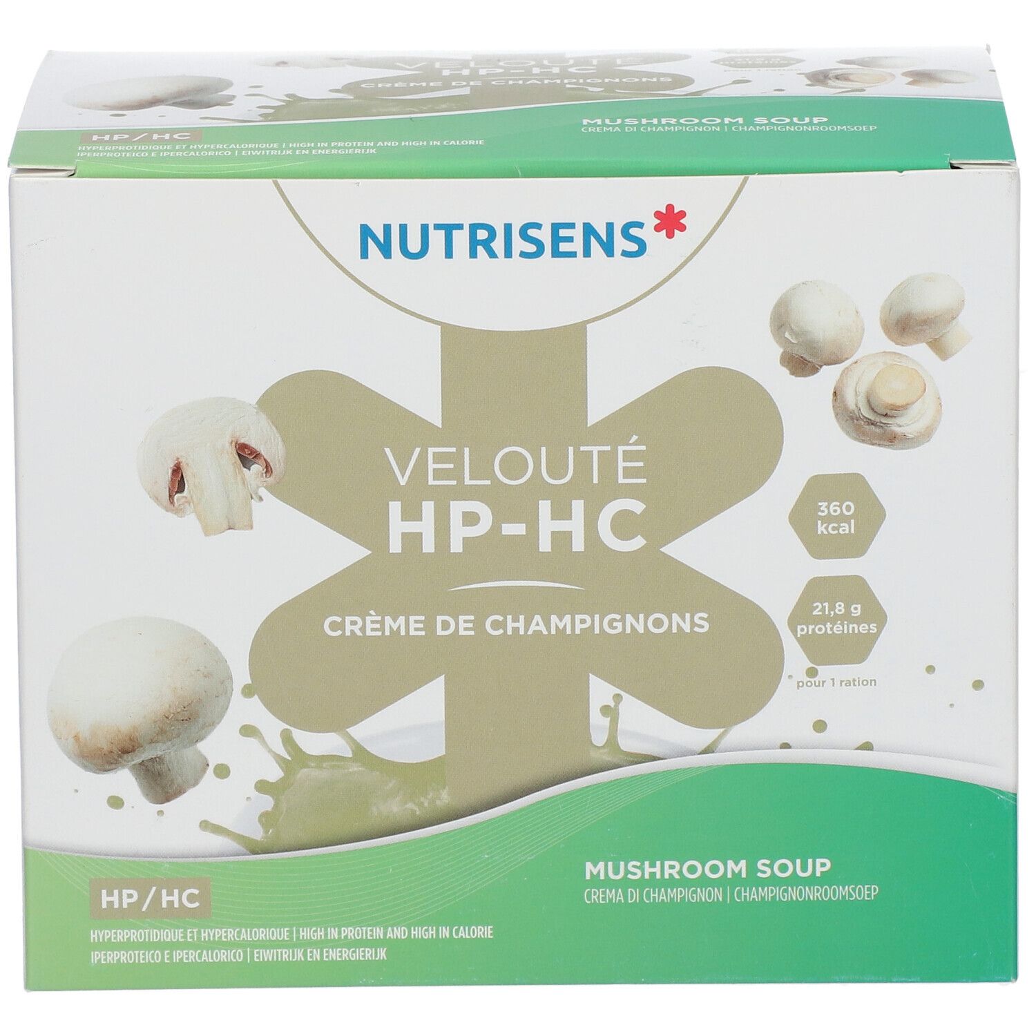 Verpakking NUTRISENS VELOUTÉ HP-HC Champignonsoep. Vooraanzicht met productnaam, paddenstoelafbeeldingen en voedingswaarde.