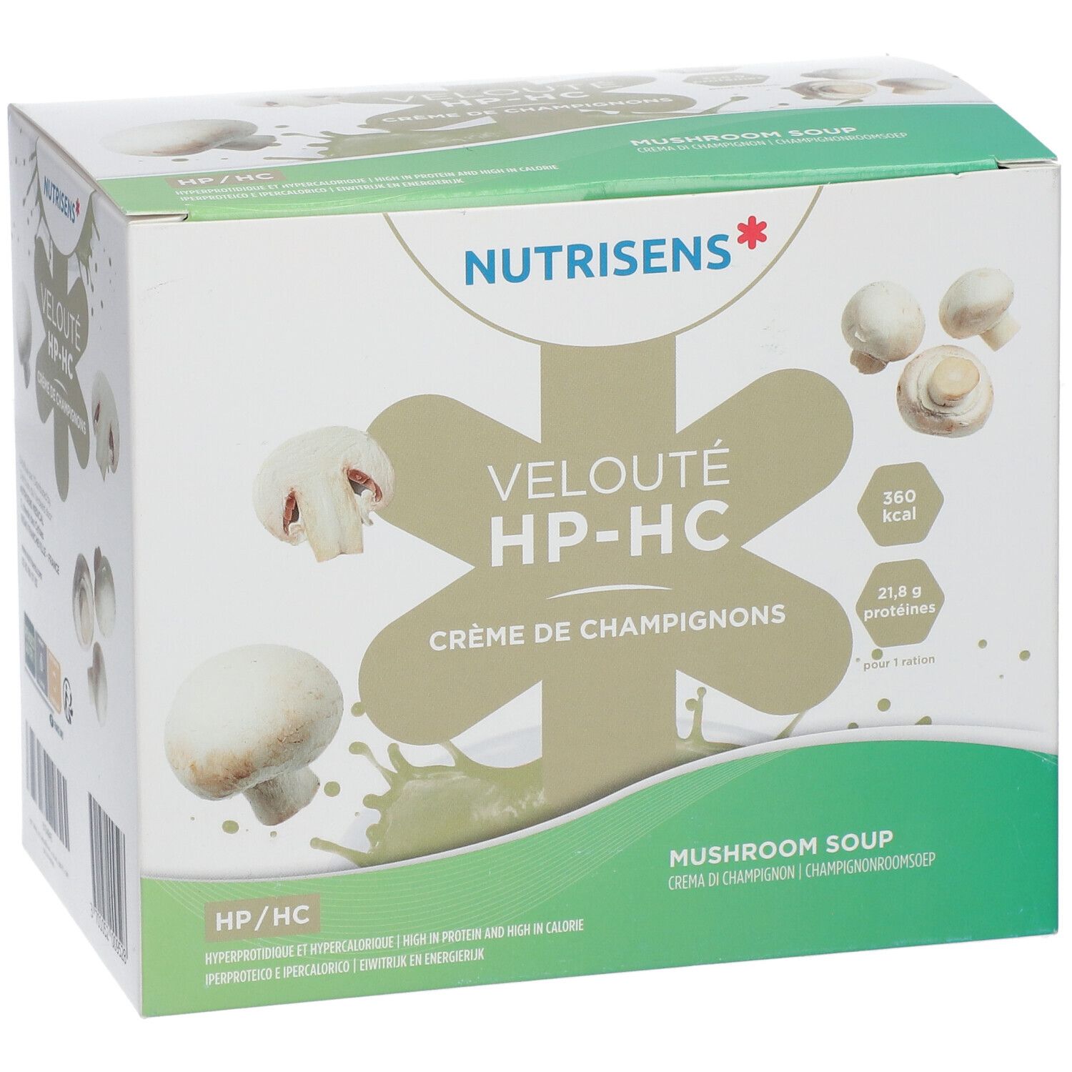 Verpakking NUTRISENS VELOUTÉ HP-HC Champignonsoep. Vooraanzicht met productnaam, paddenstoelafbeeldingen en voedingswaarde.