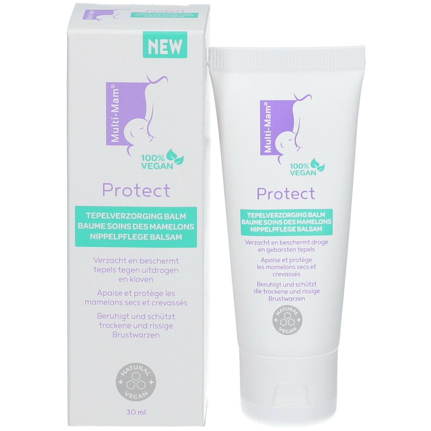 Produktverpackung mit Tube. Karton und Tube mit Multi-Mam Protect. Logo, Text, 100% Vegan-Siegel. 30 ml.