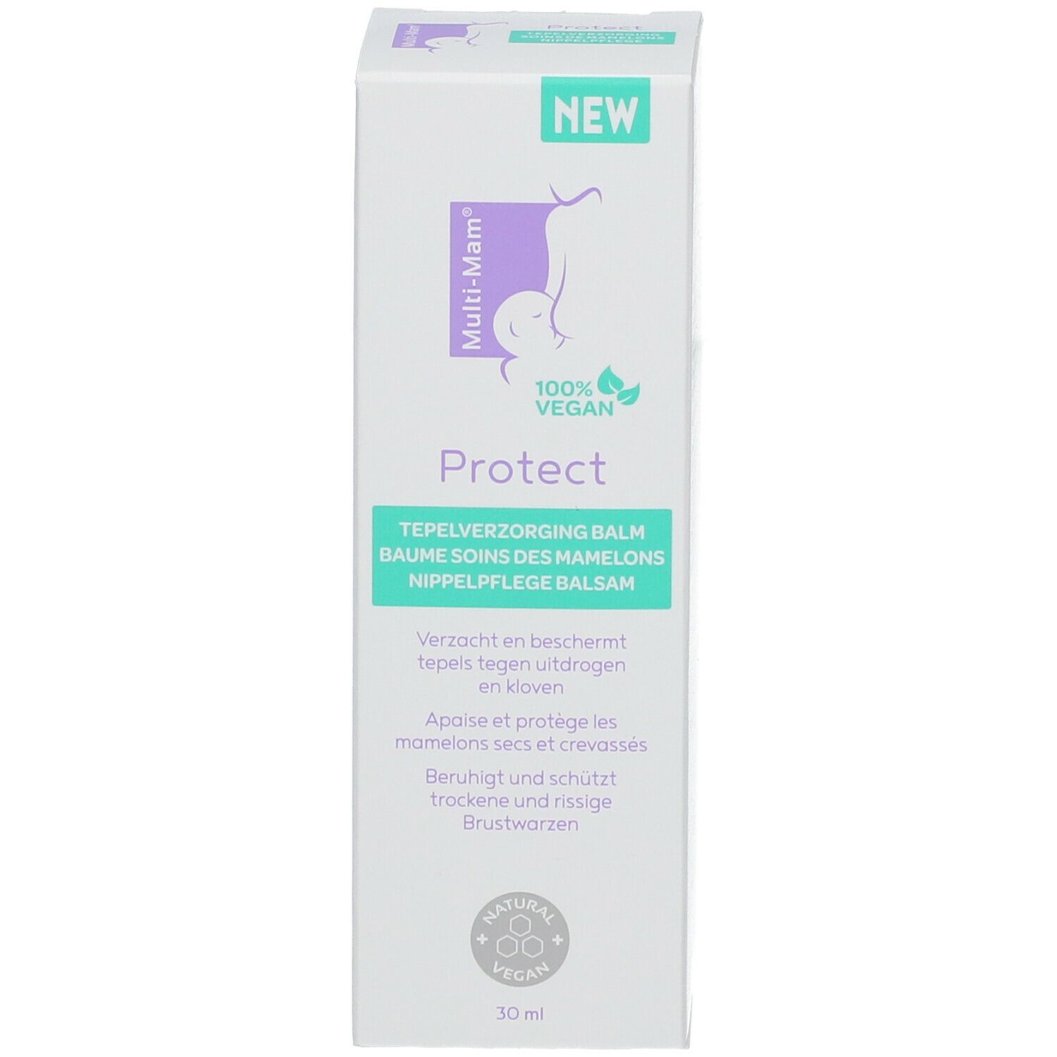 Produktverpackung. Weißer Karton mit Multi-Mam Protect. Logo, Text, 100% Vegan-Siegel. 30 ml.