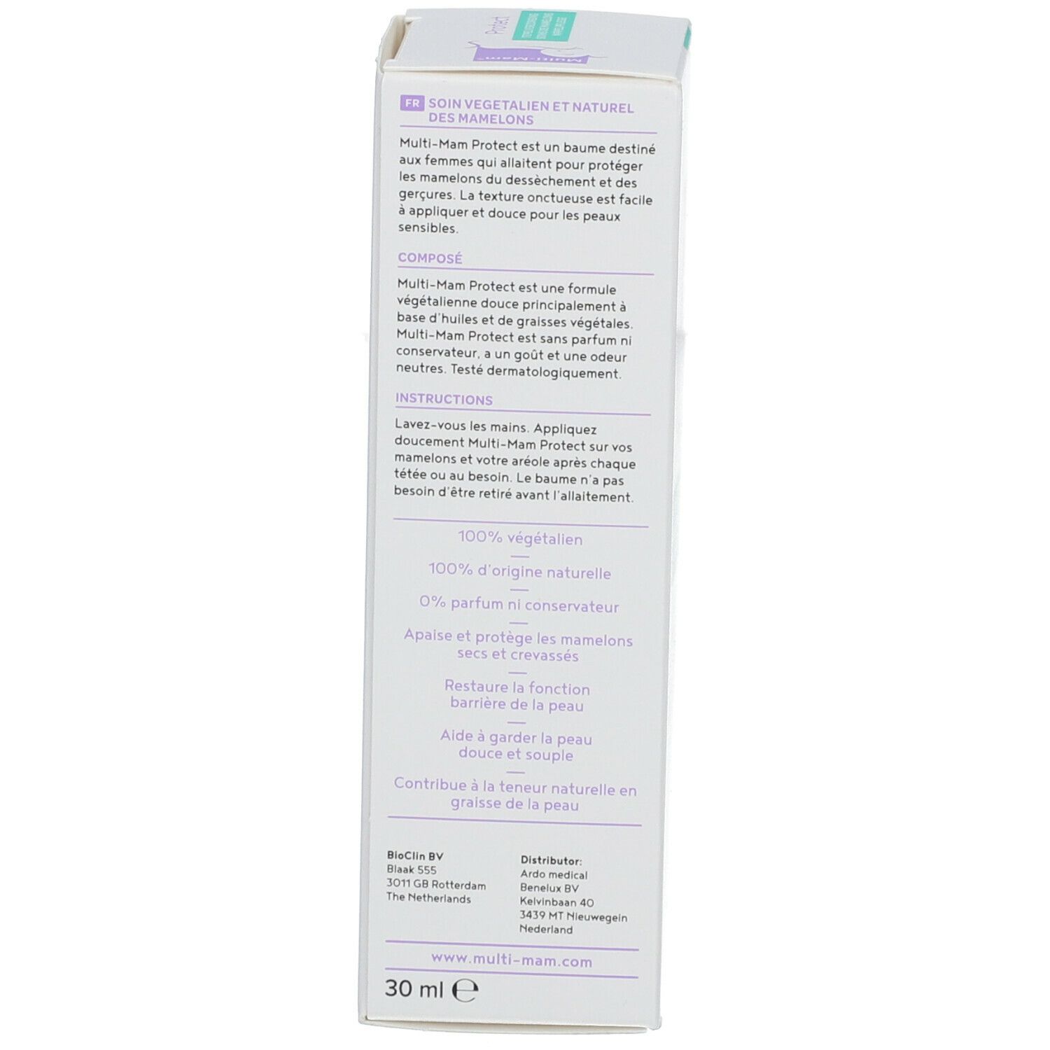 Seitenansicht der Produktverpackung. Text in mehreren Sprachen. 30 ml, 100% Vegan, 0% Parfum.