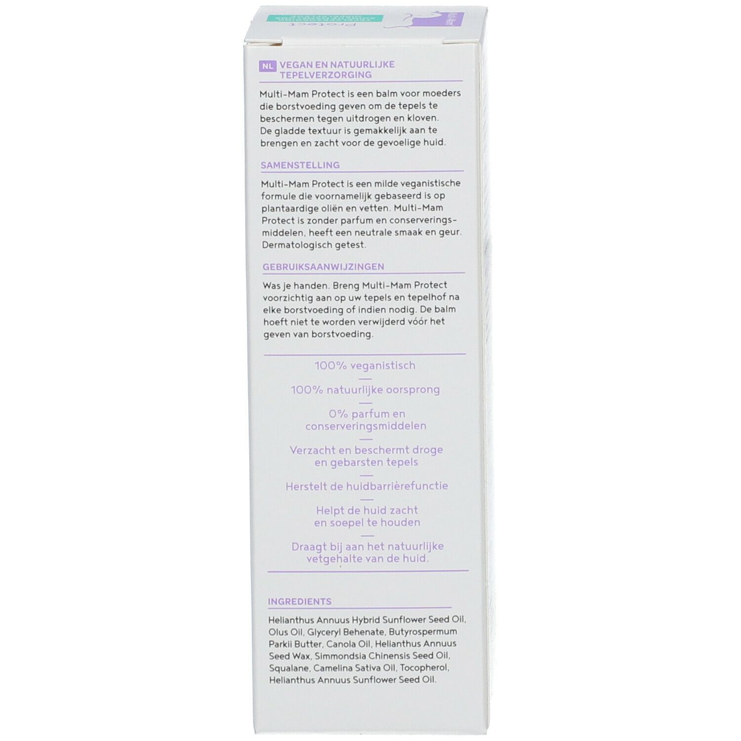 Seitenansicht der Produktverpackung. Text in mehreren Sprachen. Inhaltsstoffe, 100% Vegan, 0% Parfum.