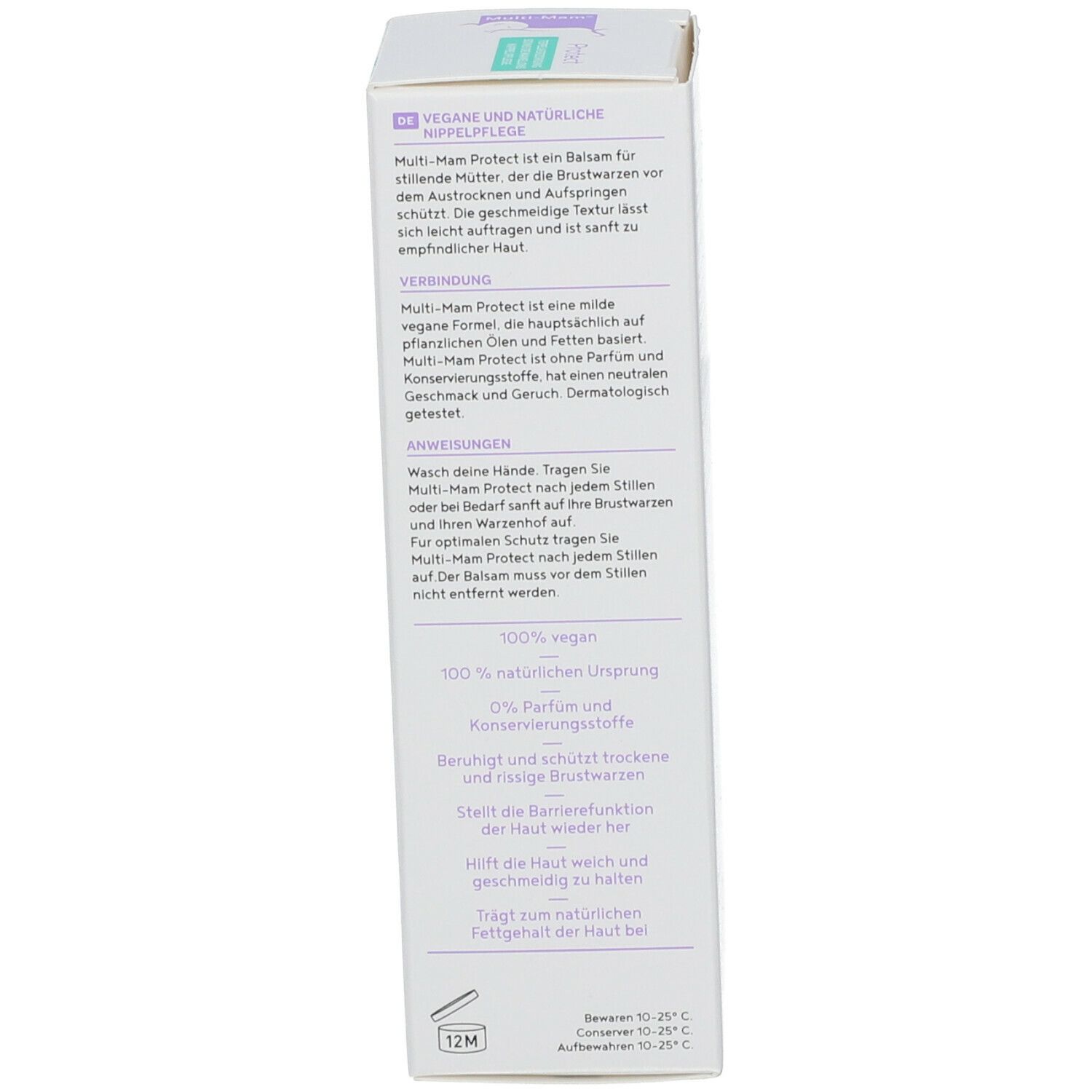 Seitenansicht der Produktverpackung. Text in mehreren Sprachen. 12M-Symbol, 100% Vegan, 0% Parfum.