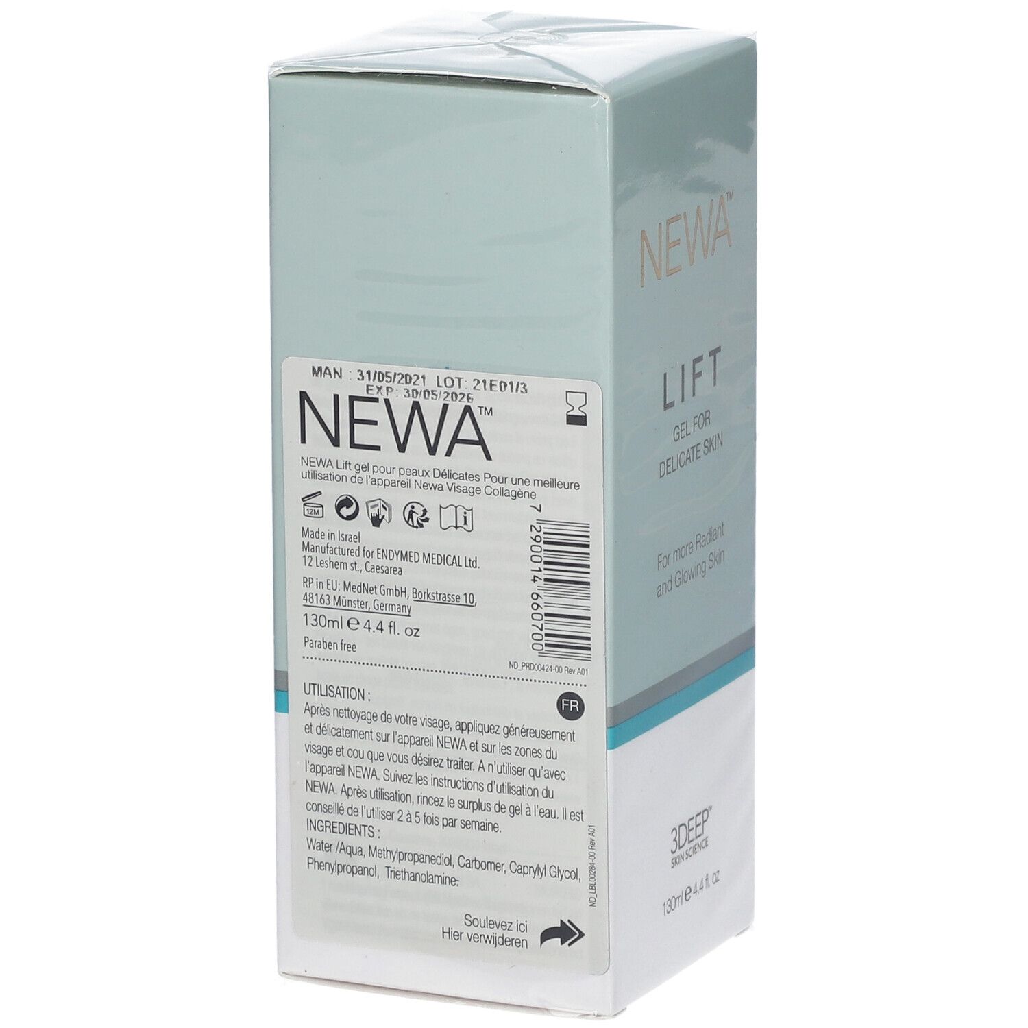 Rückseite der Verpackung von NEWA Lift Gel. Text: "NEWA Lift Gel für empfindliche Haut". 130ml. Inhaltsstoffe.