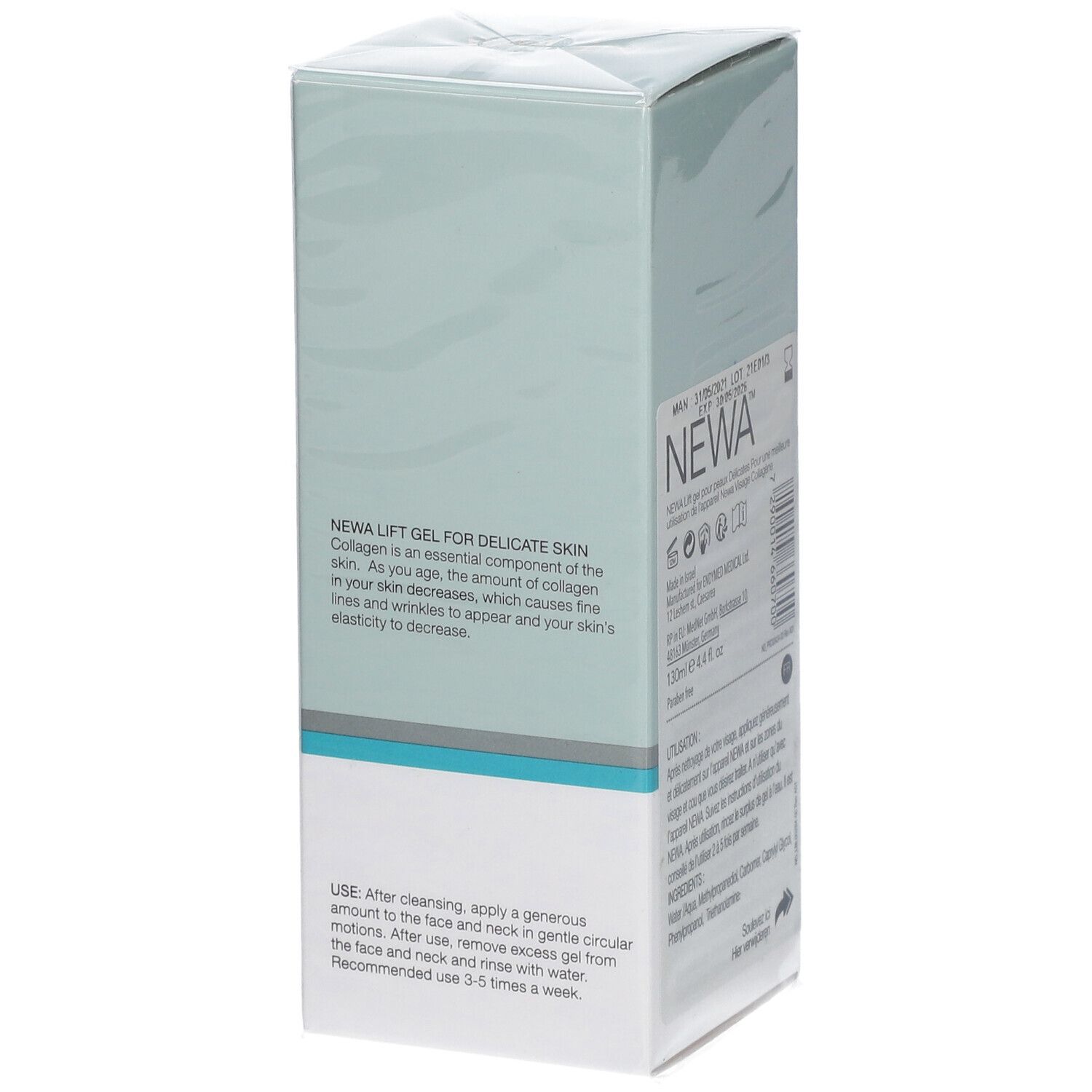 Seite der Verpackung von NEWA Lift Gel. Text: "NEWA Lift Gel für empfindliche Haut". Anwendungshinweise.