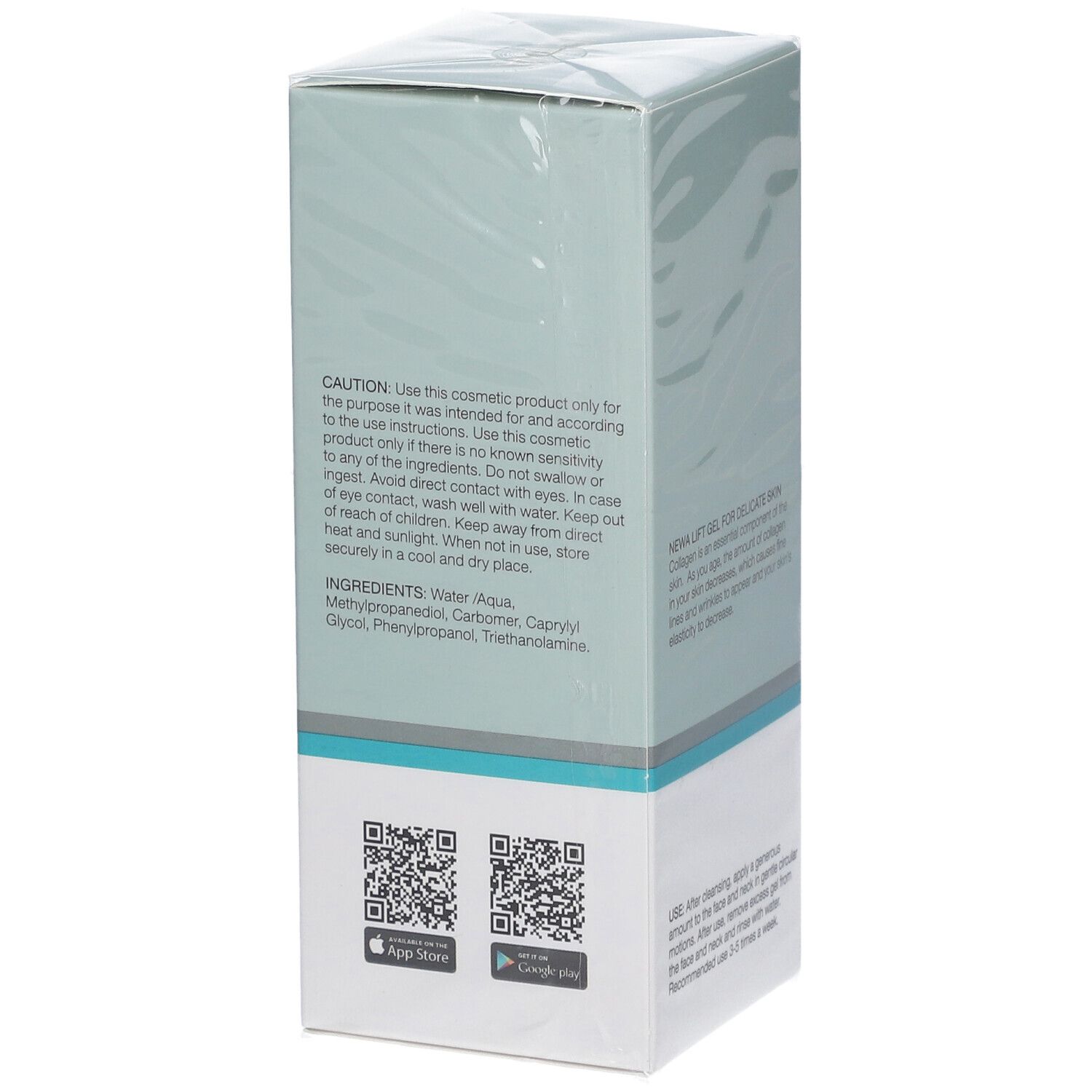 Seite der Verpackung von NEWA Lift Gel. Text: Vorsichtshinweise, Inhaltsstoffe, QR-Codes für Apps.