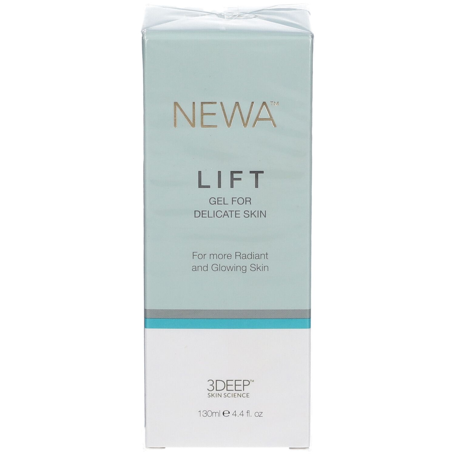 Verpackung von NEWA Lift Gel. Text: "Für strahlendere Haut". 130ml. 3DEEP Skin Science.