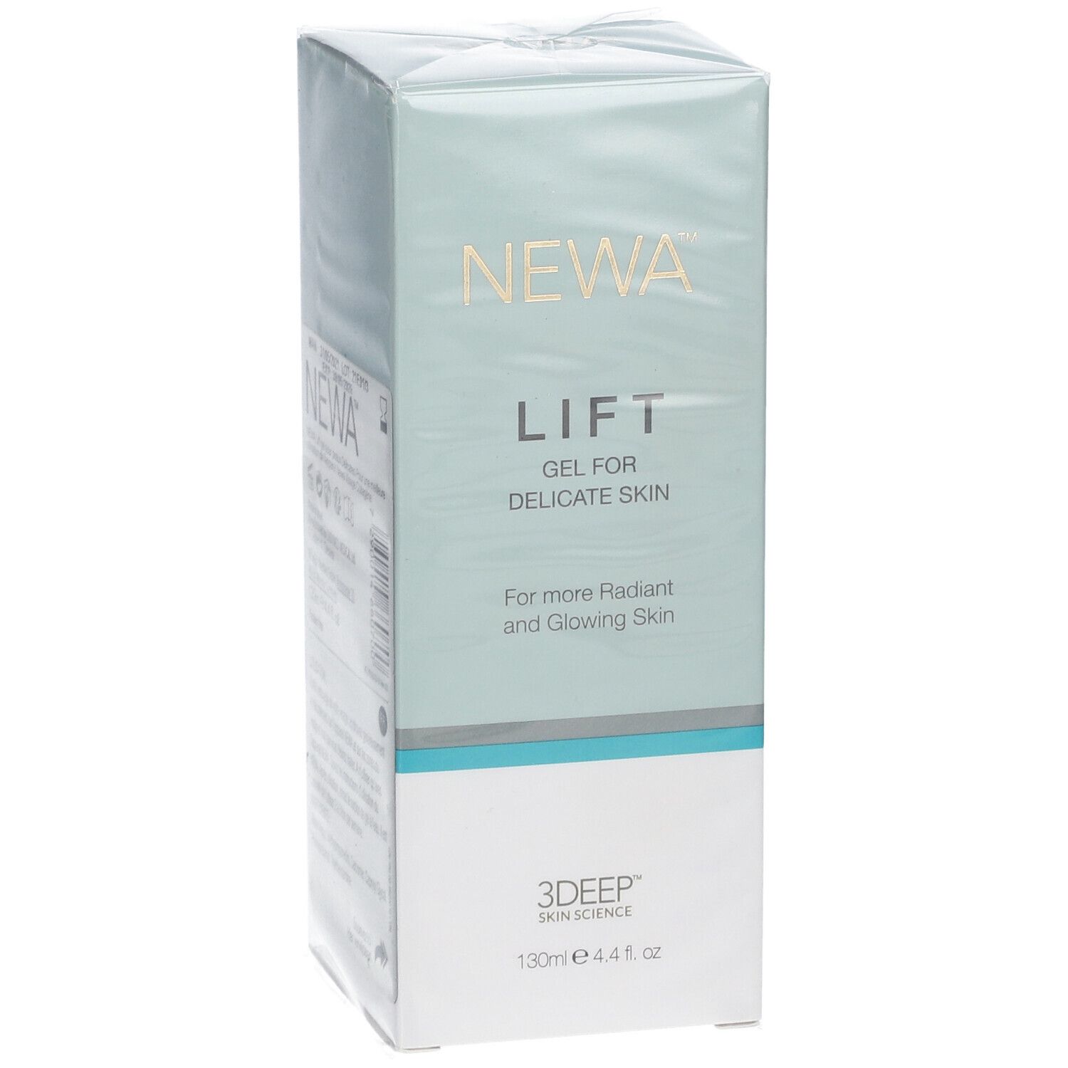 Verpackung von NEWA Lift Gel. Text: "Für strahlendere Haut". 130ml. 3DEEP Skin Science.