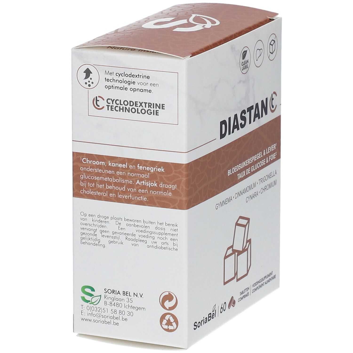 Emballage de Diastan CT. Contient Chrome, Cannelle et Fenugrec. Avec technologie cyclodextrine. Logo SoriaBel et symboles de recyclage.