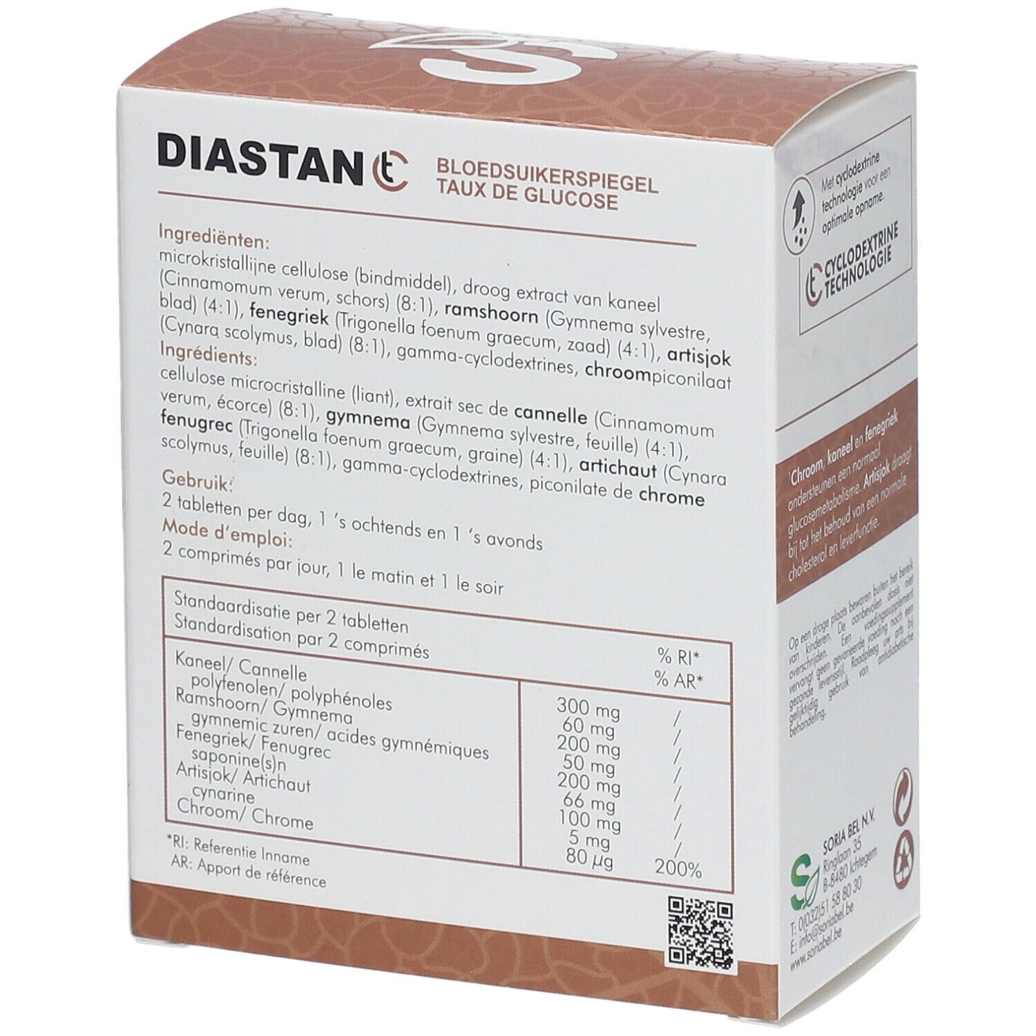 Dos de l'emballage de Diastan CT. Contient ingrédients et instructions de dosage. Informations nutritionnelles et apports de référence.