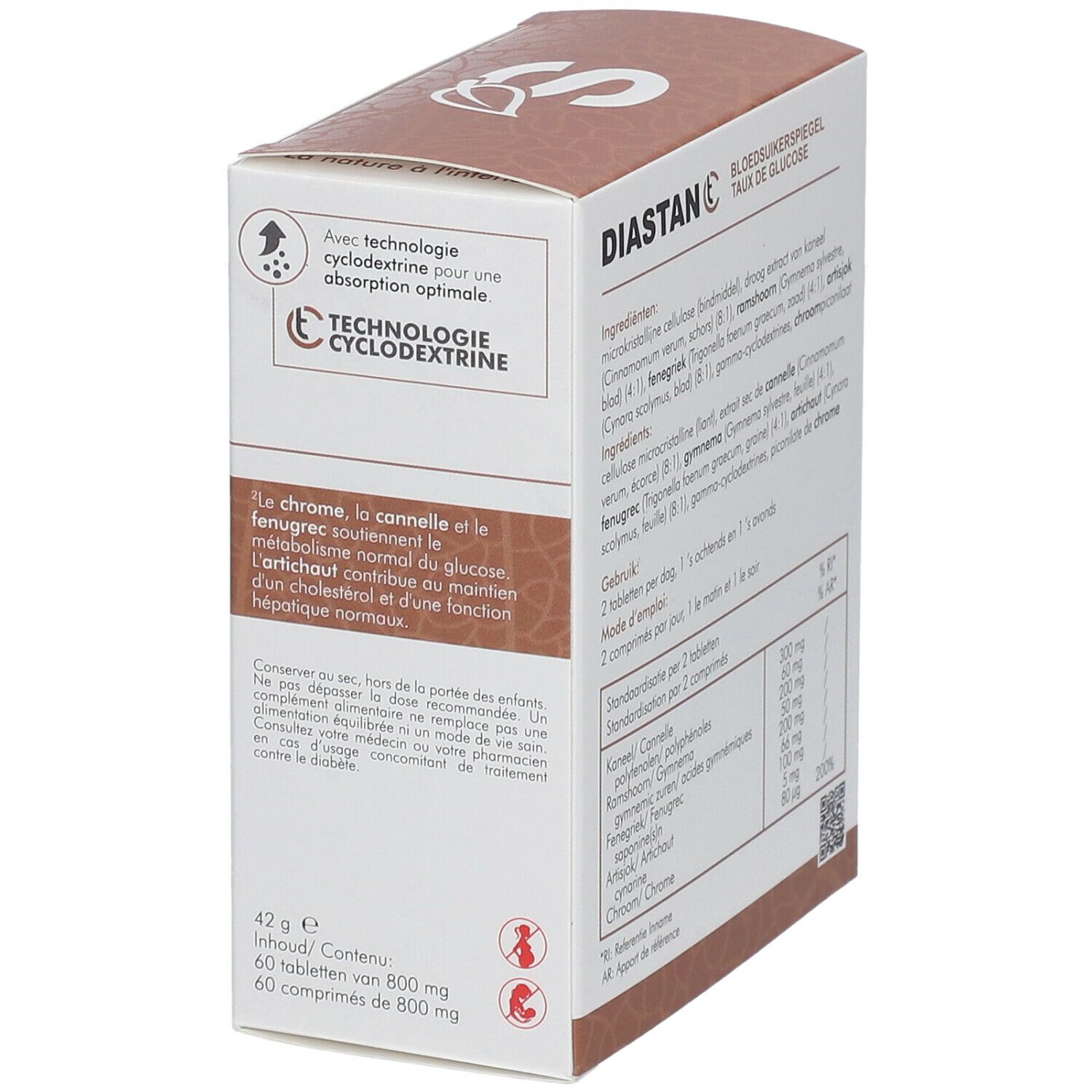 Emballage de Diastan CT. Contient ingrédients et instructions de dosage. Avec technologie cyclodextrine. Logo SoriaBel.