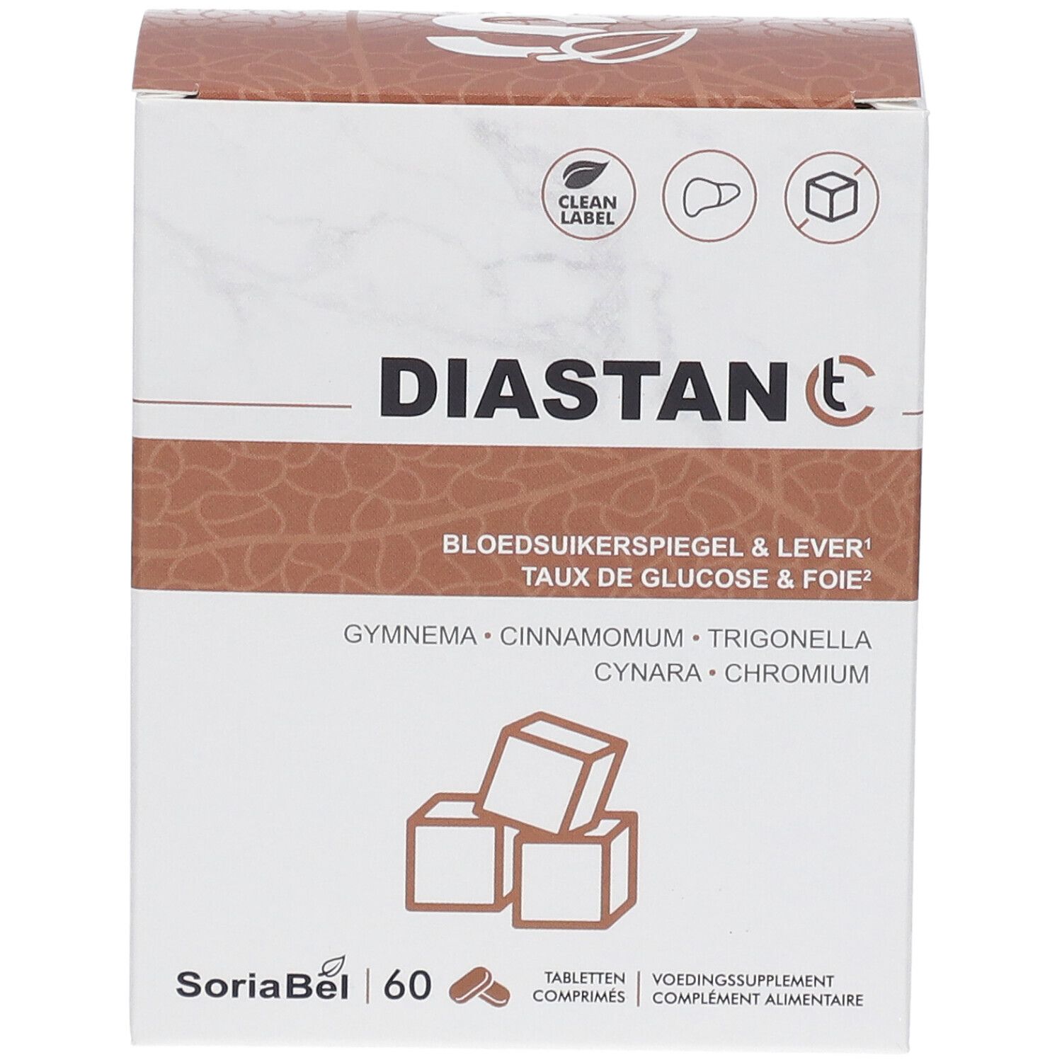 Boîte de Diastan CT. Inscription : Taux de glucose & foie. Contient Gymnema, Cannelle, Trigonella, Cynara, Chrome. Logo SoriaBel.