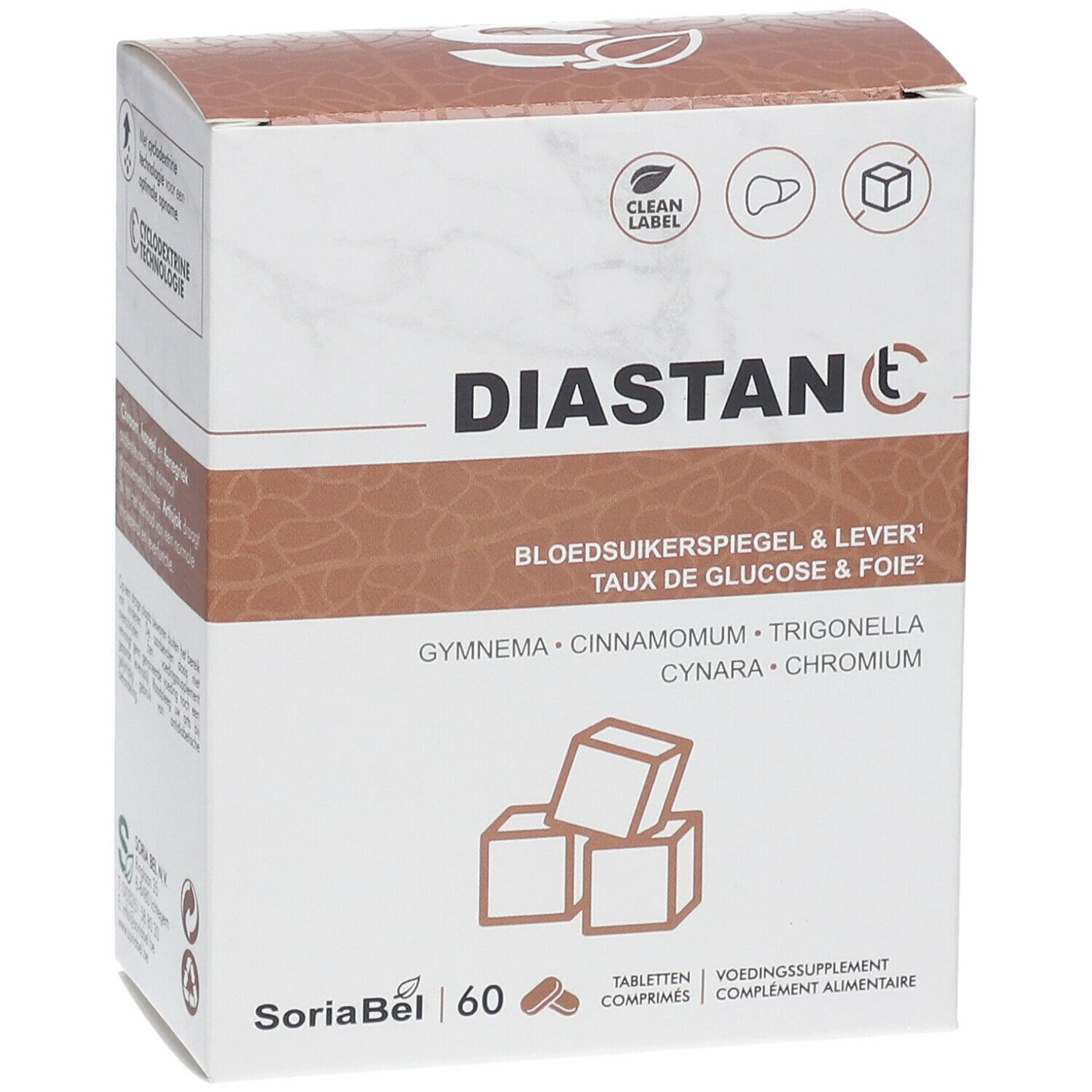 Boîte de Diastan CT. Inscription : Taux de glucose & foie. Contient Gymnema, Cannelle, Trigonella, Cynara, Chrome. Logo SoriaBel.