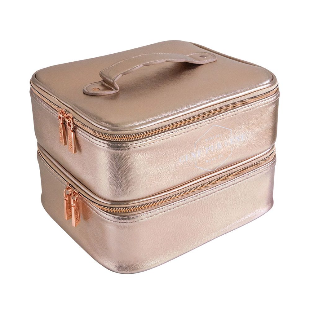 Trousse de maquillage à deux tons avec fermetures éclair et poignée. Inscription : CENT PUR CENT MAKE UP.