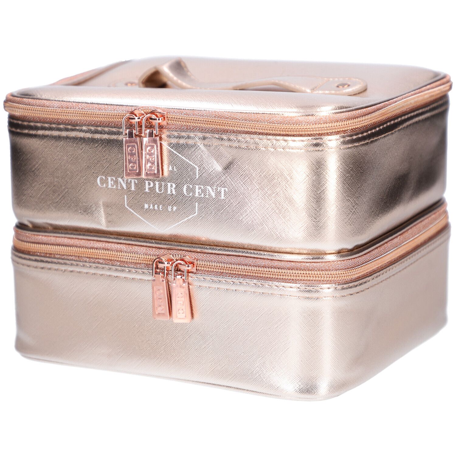 Trousse de maquillage à deux tons avec fermetures éclair et poignée. Inscription : CENT PUR CENT MAKE UP.
