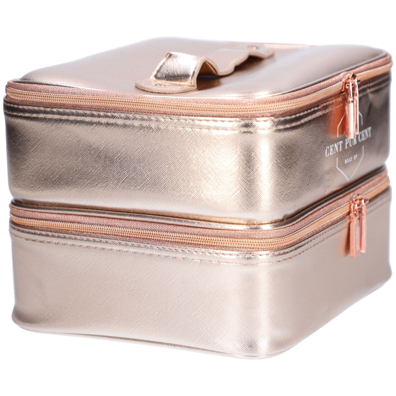 Trousse de maquillage à deux tons avec fermetures éclair et poignée. Inscription : CENT PUR CENT MAKE UP.