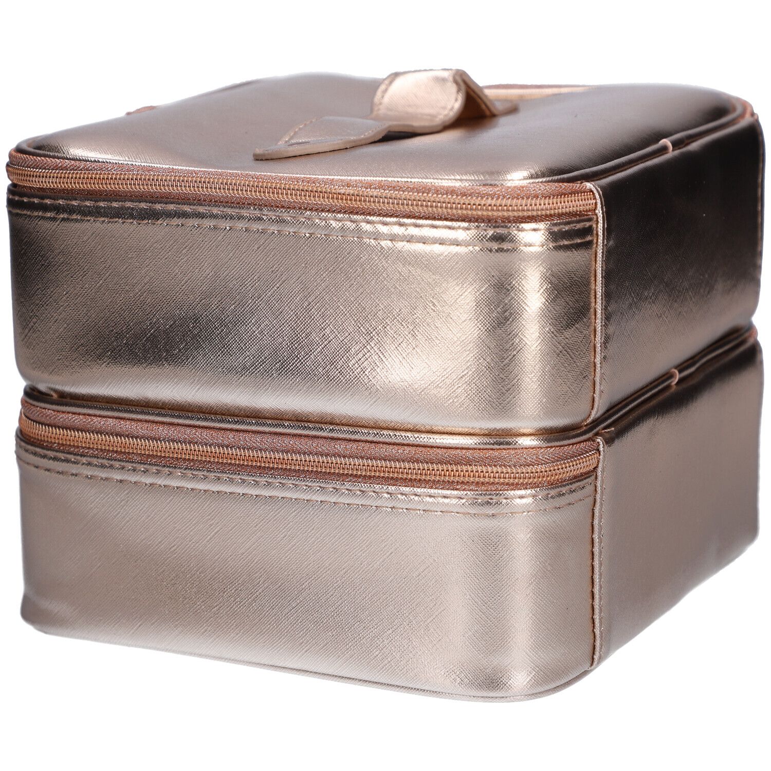 Trousse de maquillage à deux tons avec fermetures éclair et poignée. Inscription : CENT PUR CENT MAKE UP.