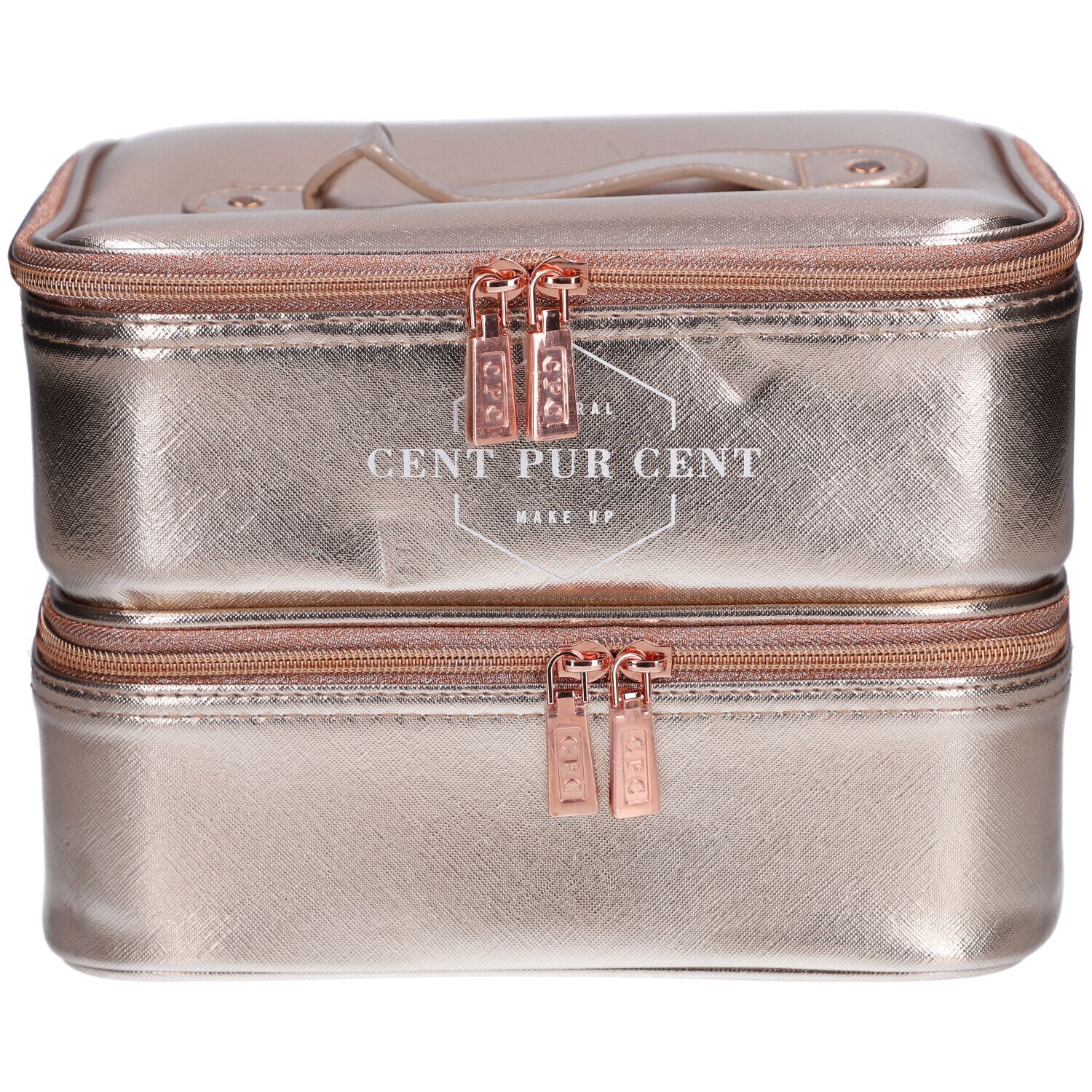 Trousse de maquillage à deux tons avec fermetures éclair et poignée. Inscription : CENT PUR CENT MAKE UP.