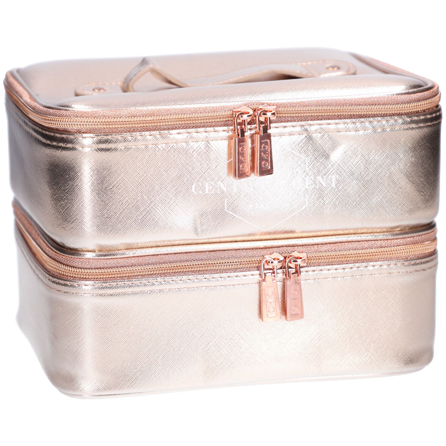 Trousse de maquillage à deux tons avec fermetures éclair et poignée. Inscription : CENT PUR CENT MAKE UP.