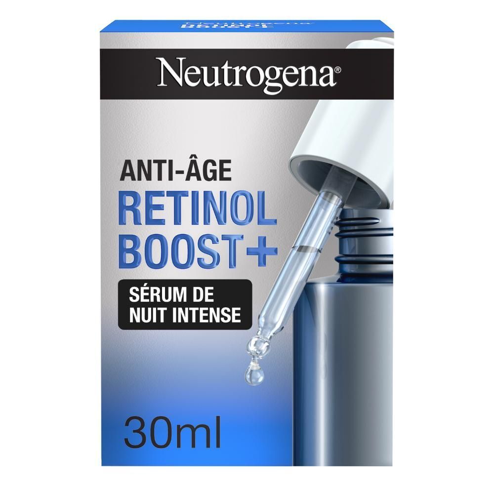 Emballage. Inscription : Neutrogena, Anti-Âge, Retinol Boost+ Sérum de nuit intense. 30ml.
