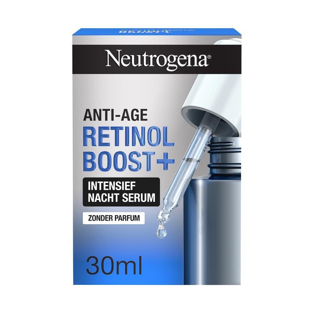 Verpakking. Opschrift: Neutrogena, Anti-Age, Retinol Boost+ Intensief Nacht Serum. 30ml.