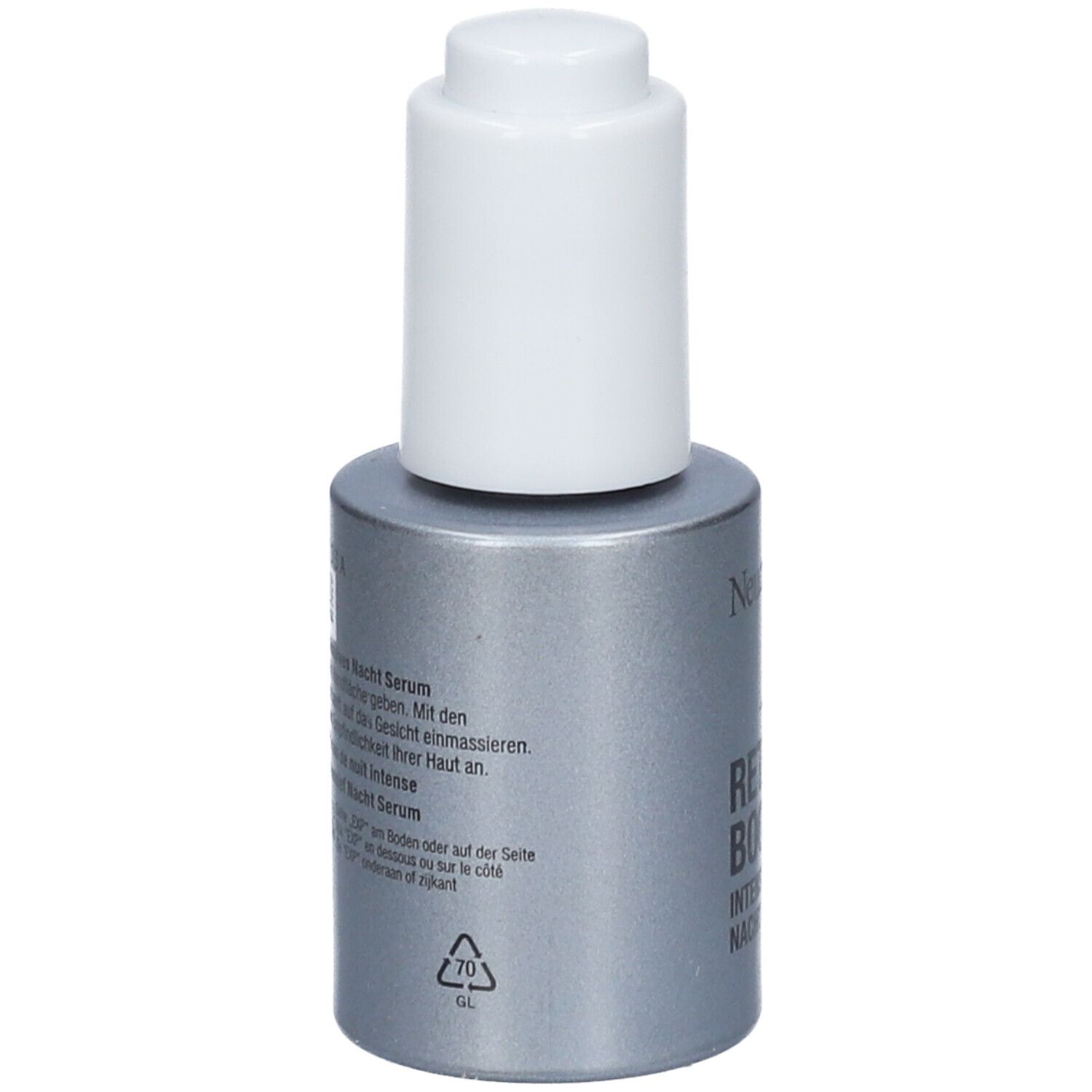 Serumflasche mit weißem Deckel. Aufschrift: Neutrogena, Retinol Boost+ Intensives Nacht Serum. Rückseite mit Text.
