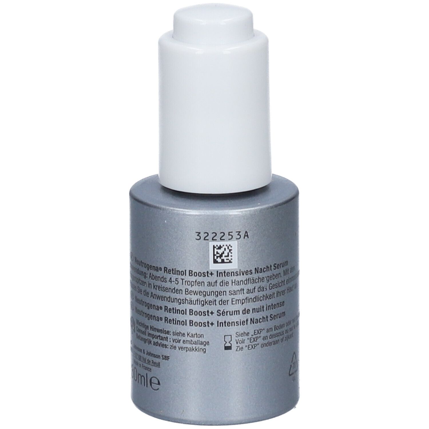 Serumflasche mit weißem Deckel. Aufschrift: Neutrogena, Retinol Boost+ Intensives Nacht Serum. Text und Barcode.