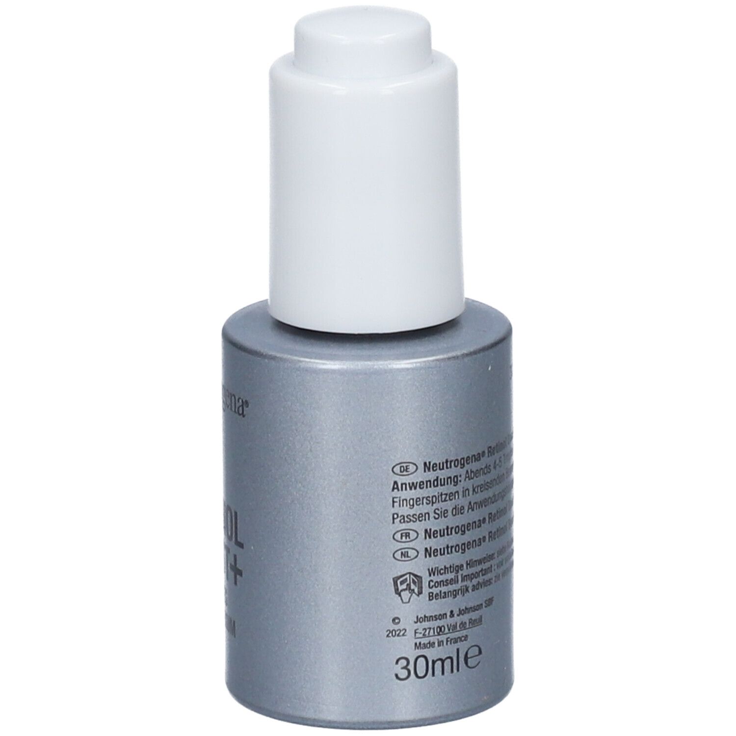 Serumflasche mit weißem Deckel. Aufschrift: Neutrogena, Retinol Boost+ Intensives Nacht Serum. 30ml.