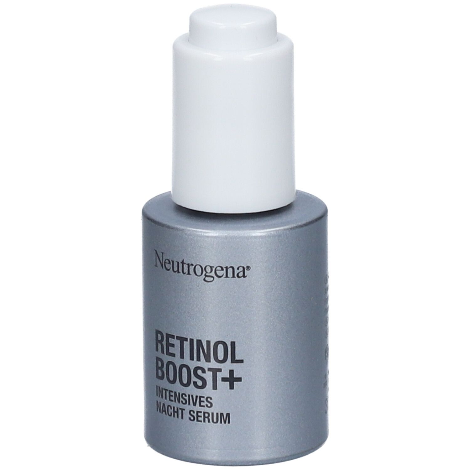 Serumflasche mit weißem Deckel. Aufschrift: Neutrogena, Retinol Boost+ Intensives Nacht Serum.