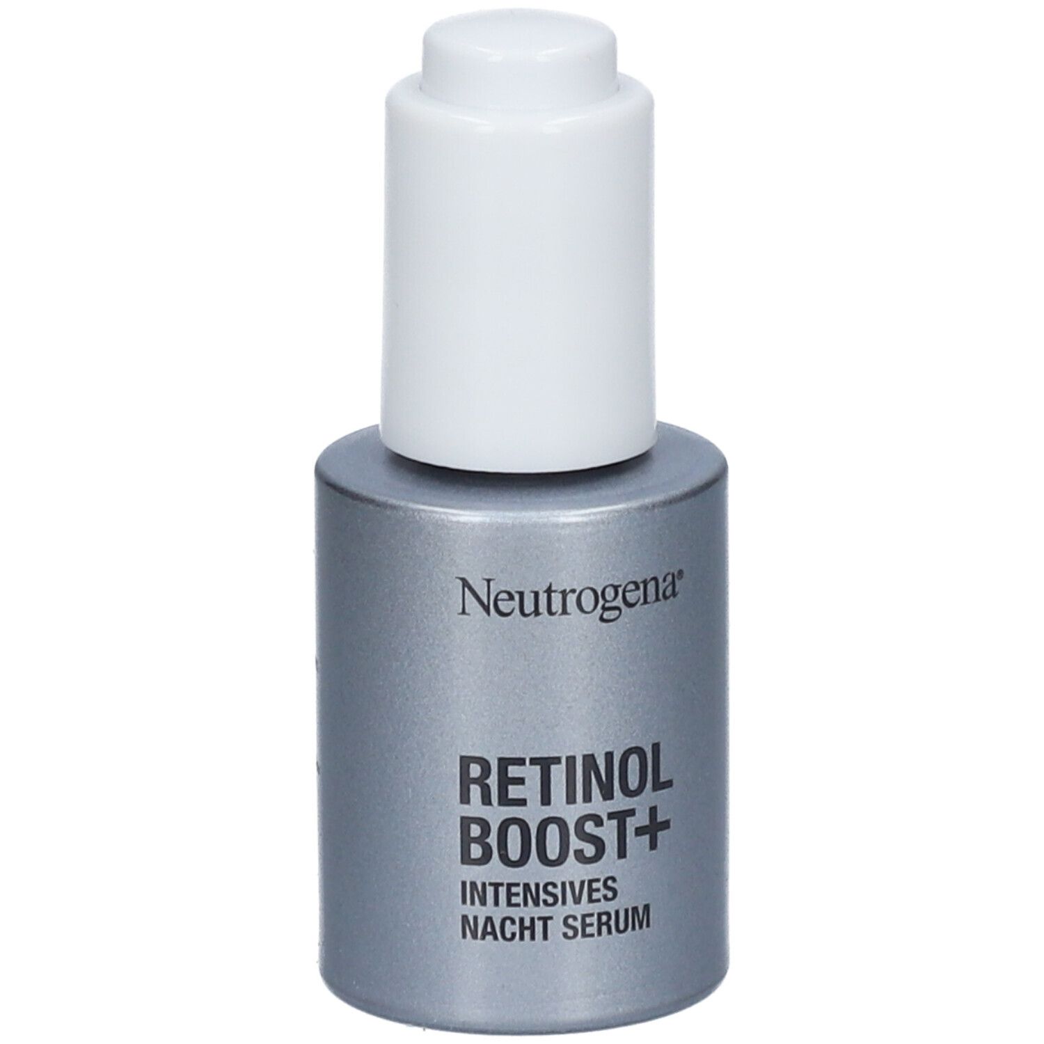 Serumflasche mit weißem Deckel. Aufschrift: Neutrogena, Retinol Boost+ Intensives Nacht Serum.