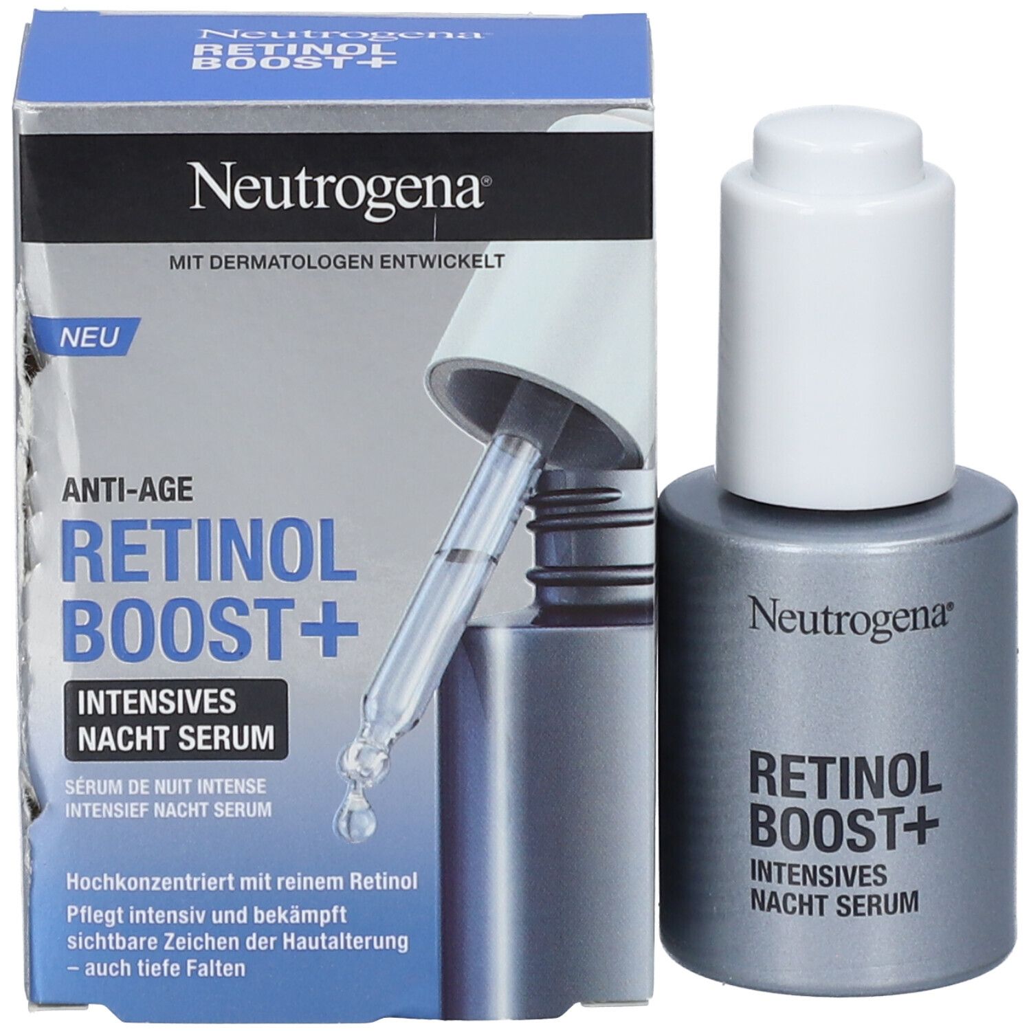 Produkt und Verpackung. Aufschrift: Neutrogena, Retinol Boost+ Intensives Nacht Serum. Mit Dermatologen entwickelt.