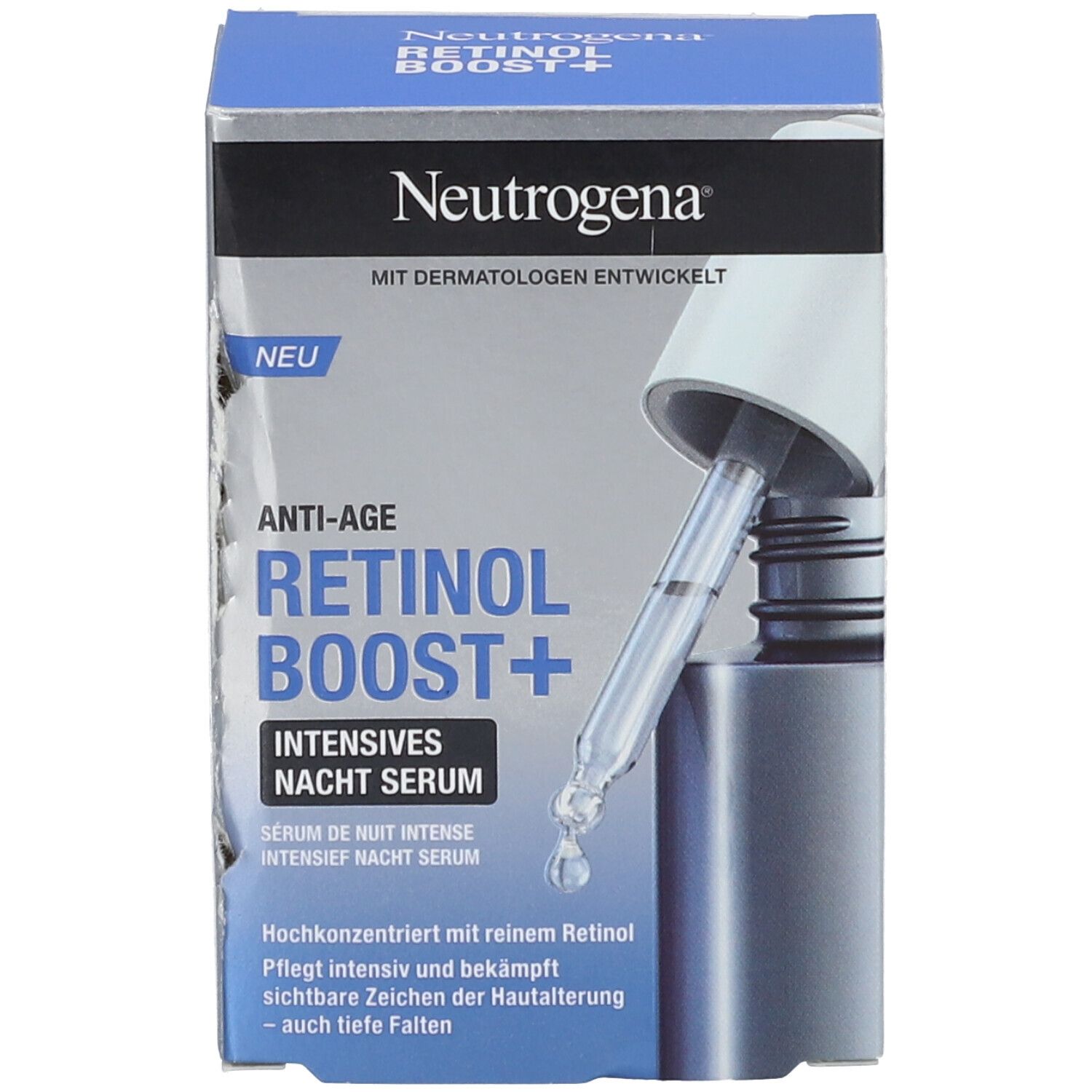 Produkt und Verpackung. Aufschrift: Neutrogena, Retinol Boost+ Intensives Nacht Serum. Mit Dermatologen entwickelt.
