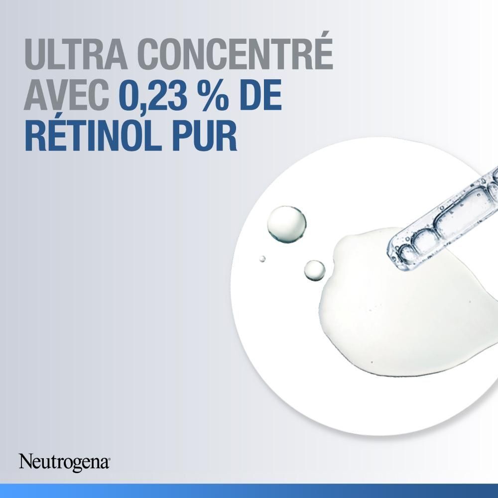 Fond blanc avec gouttes et pipette. Inscription : Ultra concentré avec 0,23 % de rétinol pur. Neutrogena.