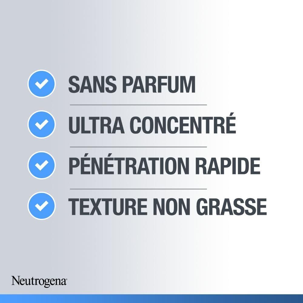 Texte avec coches. Sans parfum, Ultra concentré, Pénétration rapide, Texture non grasse. Neutrogena.
