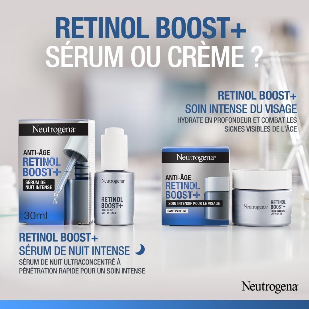 Différents produits. Inscription : Retinol Boost+ Sérum ou crème ? Neutrogena. 30ml, 50ml, crème.