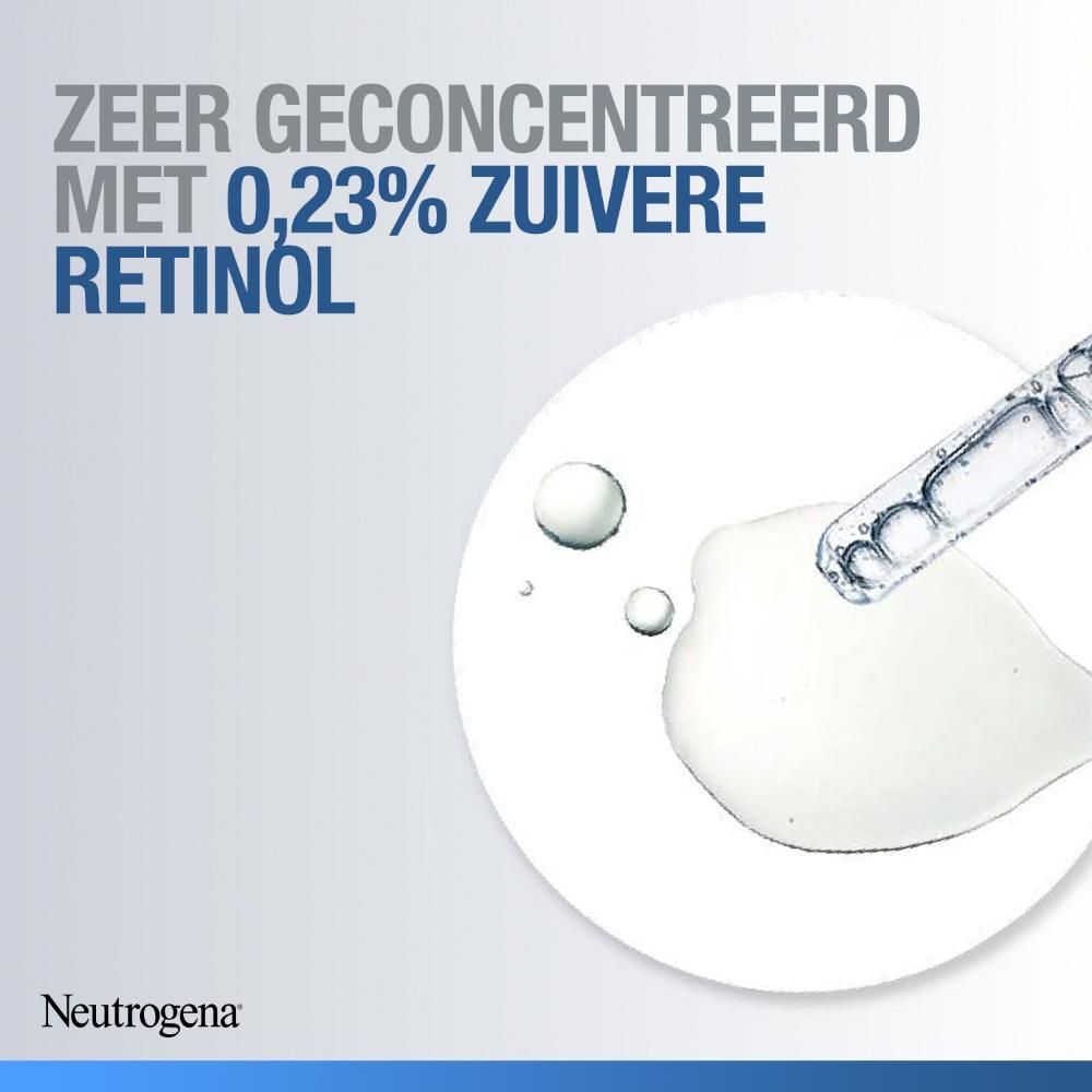 Witte achtergrond met druppels en pipet. Opschrift: Zeer geconcentreerd met 0,23% zuivere retinol. Neutrogena.