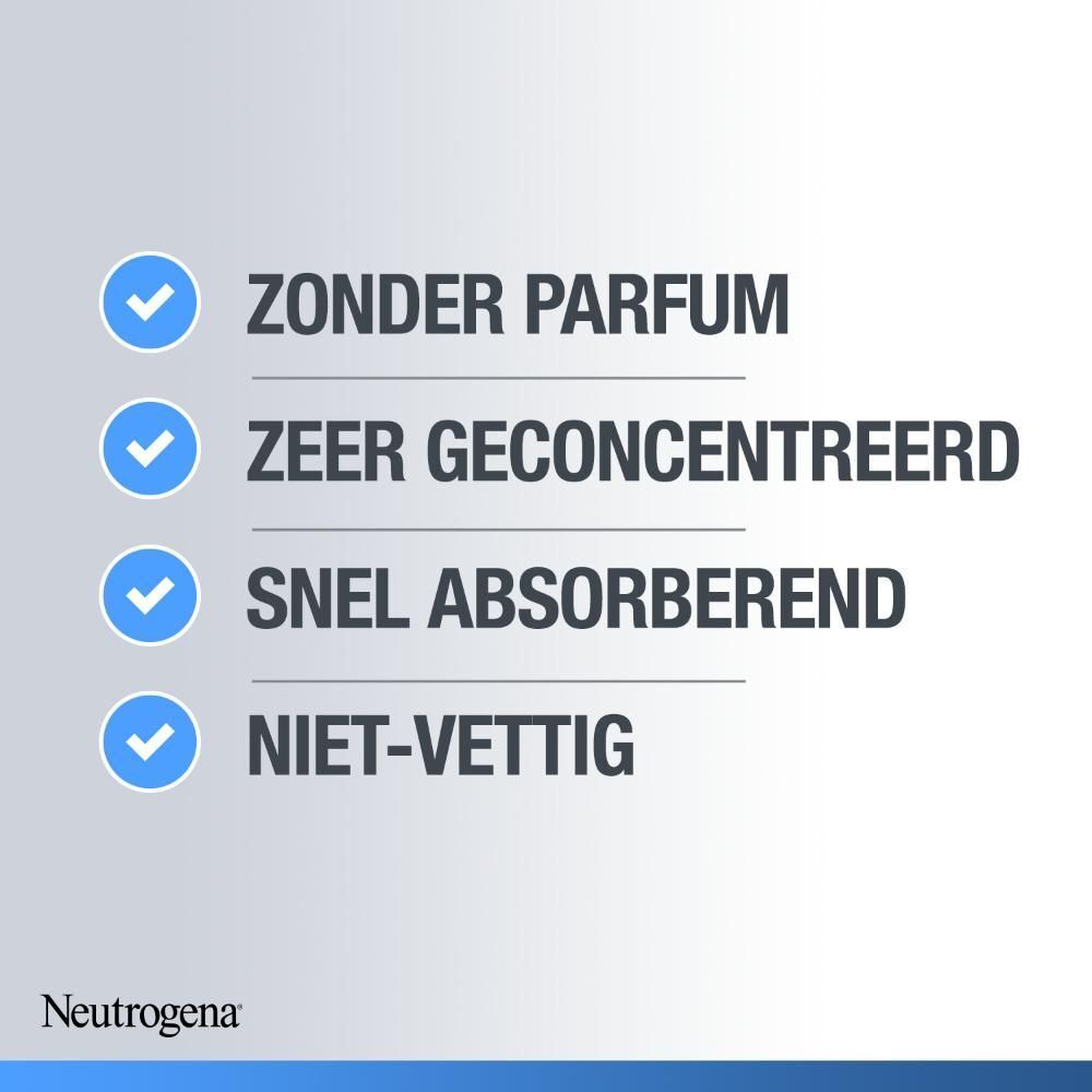 Tekst met vinkjes. Zonder parfum, Zeer geconcentreerd, Snel absorberend, Niet-vettig. Neutrogena.