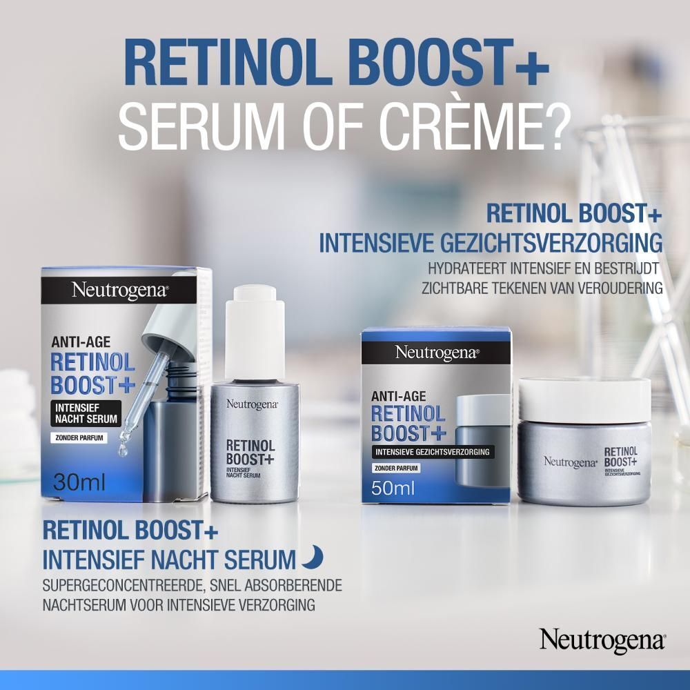 Verschillende producten. Opschrift: Retinol Boost+ Serum of crème ? Neutrogena. 30ml, 50ml, crème.