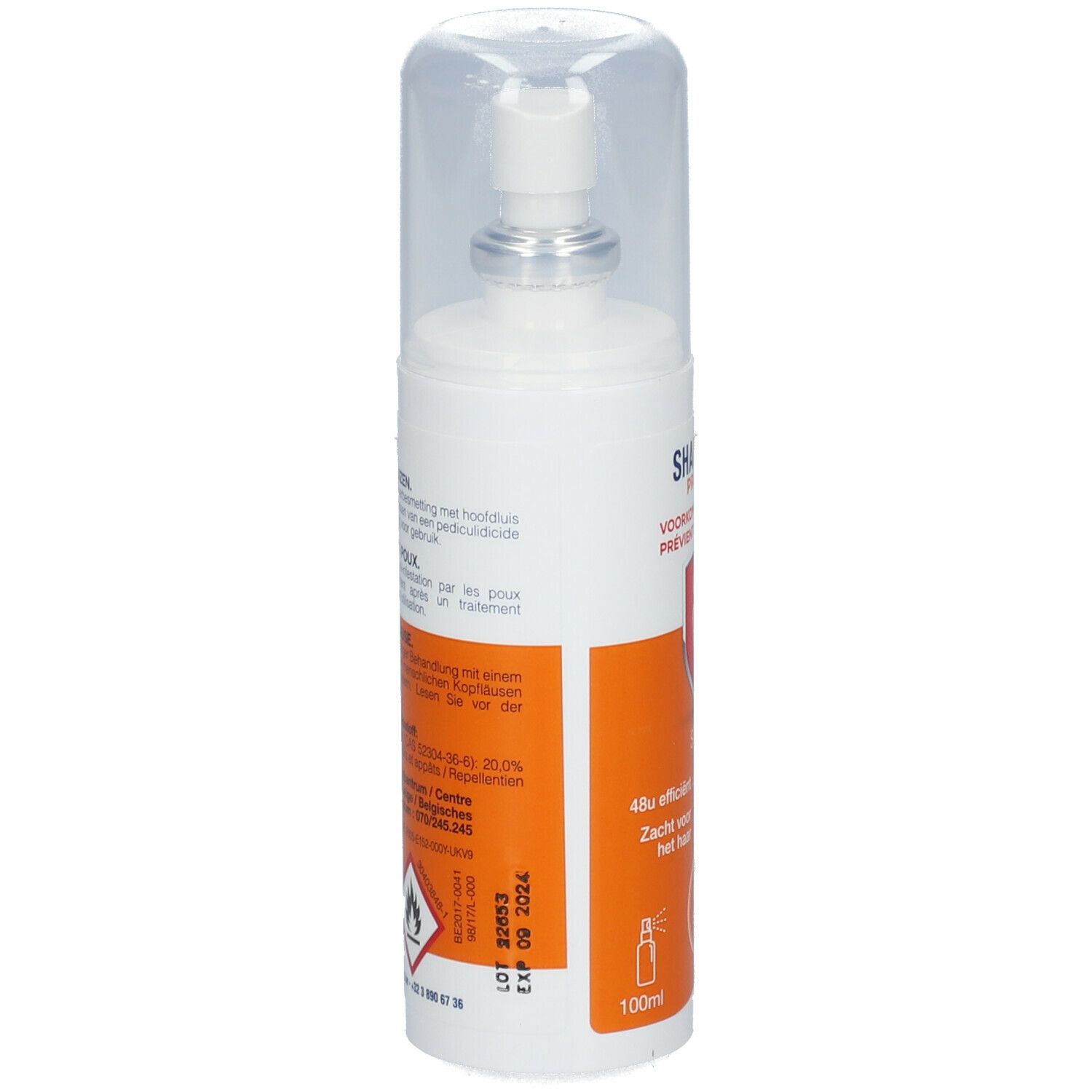 Wit sprayflesje met dop. Achterkant met tekst en waarschuwingssymbolen. Qualiphar-logo.