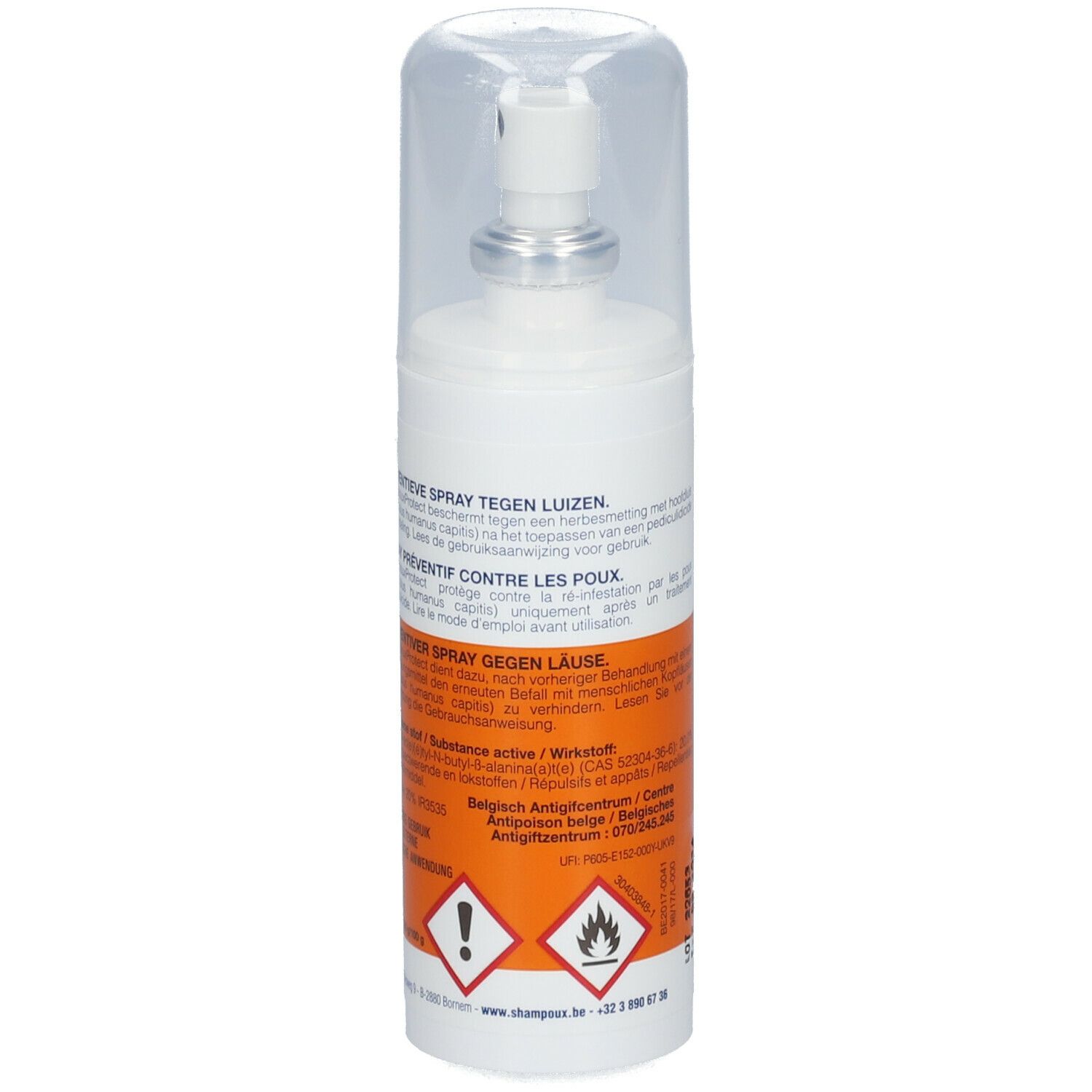 Wit sprayflesje met dop. Achterkant met tekst en waarschuwingssymbolen. Qualiphar-logo.