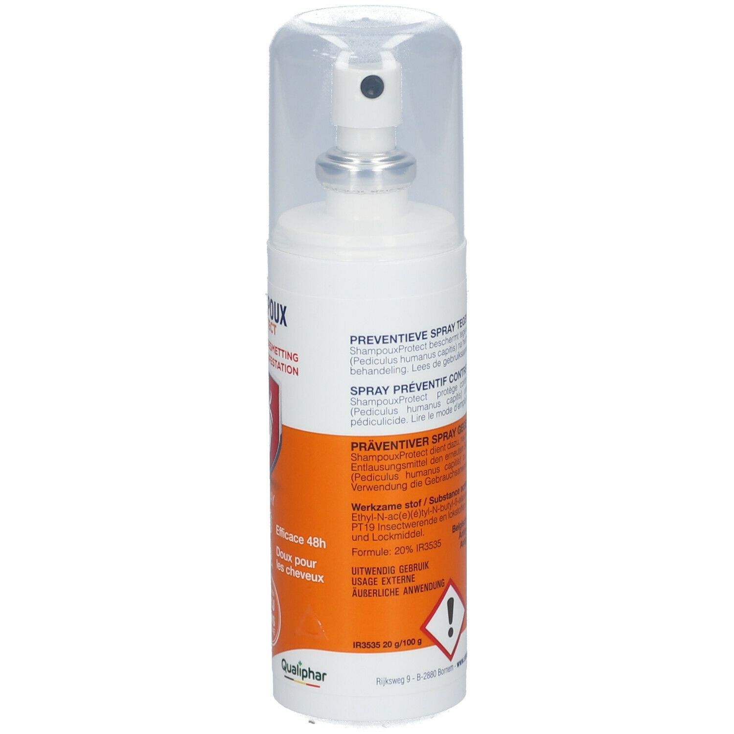 Wit sprayflesje met dop. Achterkant met tekst en waarschuwingssymbolen. Qualiphar-logo.