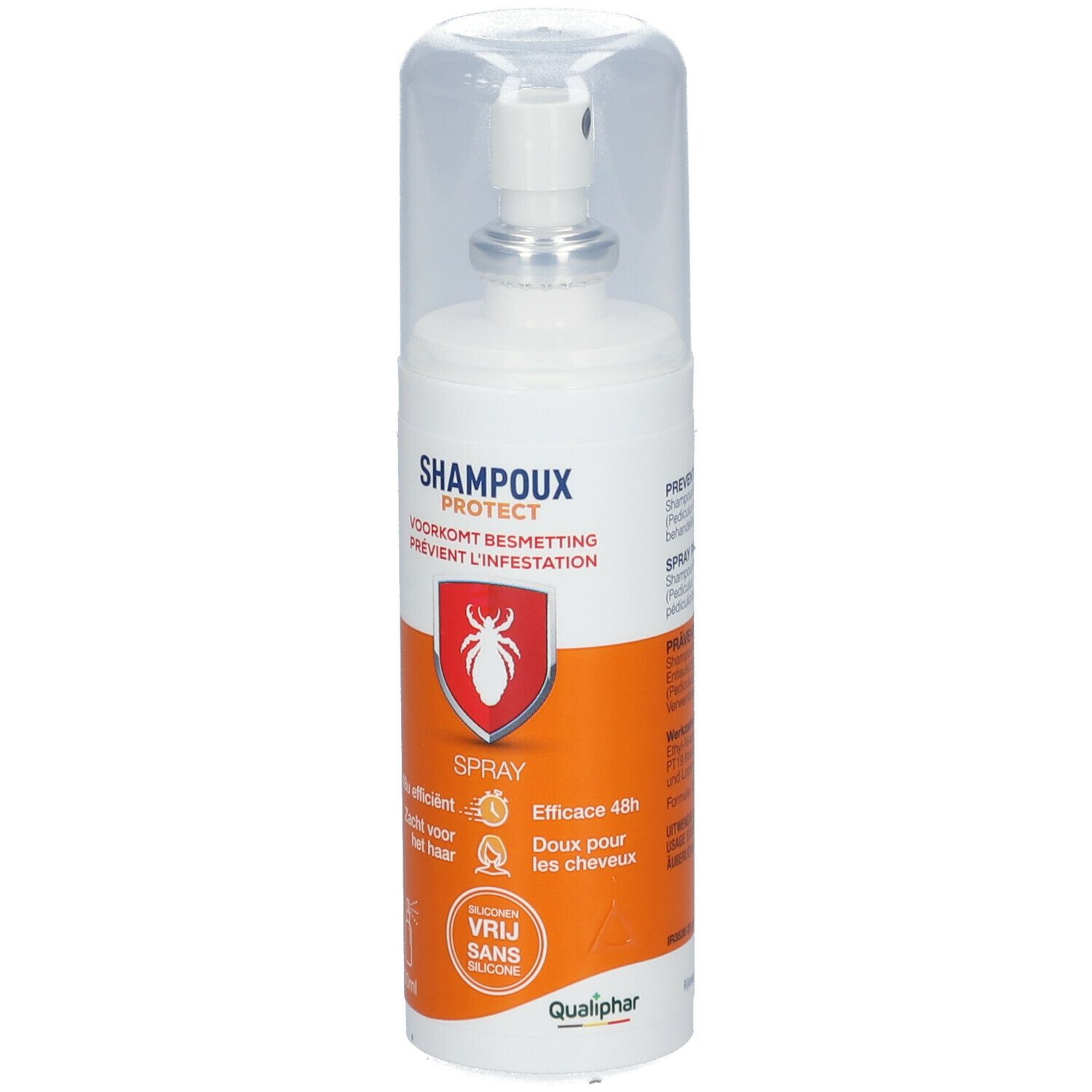 Wit sprayflesje met dop. Oranje etiket met productnaam en logo. Qualiphar-logo.