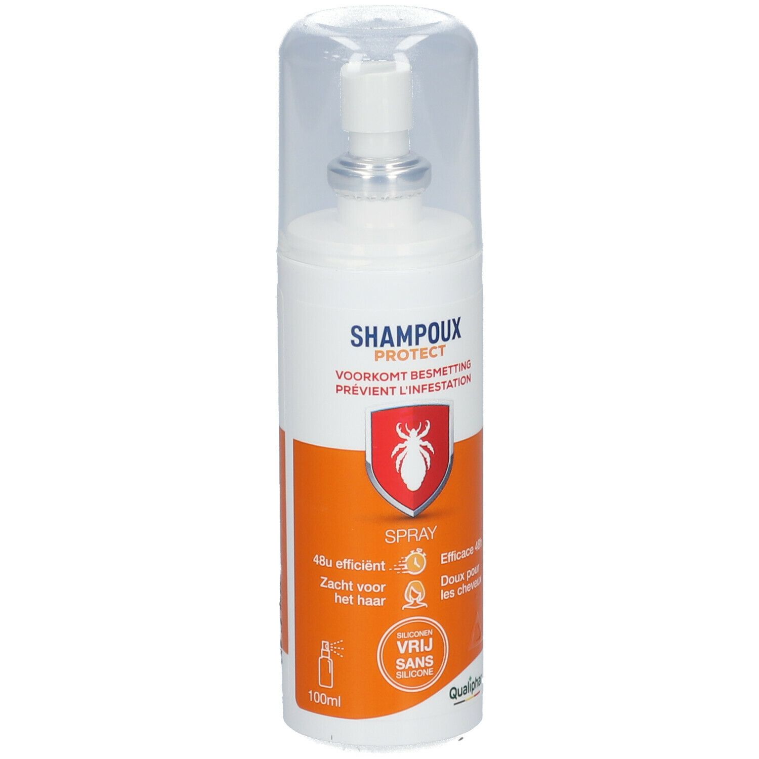 Wit sprayflesje met dop. Oranje etiket met productnaam en logo. Qualiphar-logo.