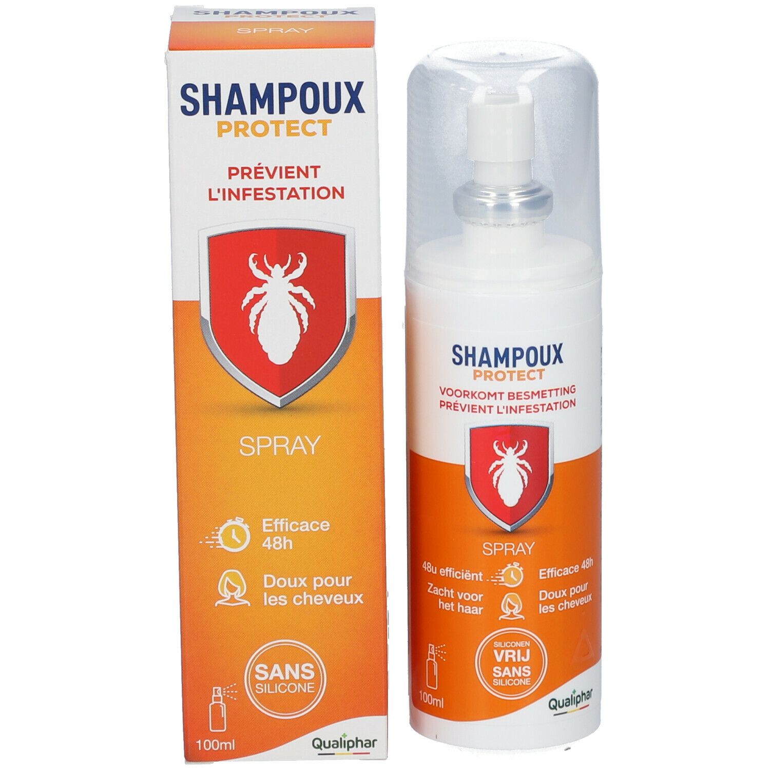 Productverpakking en spray. Verpakking met productnaam en logo. Spray met dop.