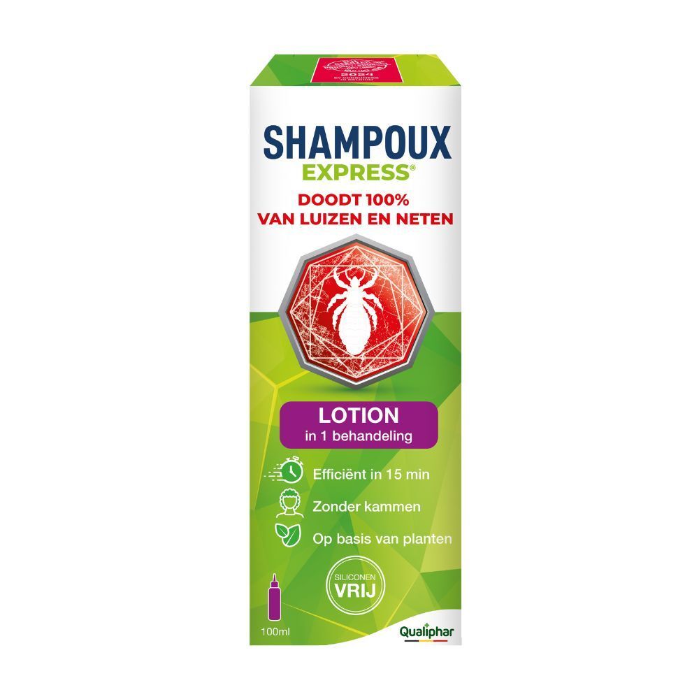 Productverpakking. Opschrift: Shampoux Express, doodt 100% van luizen en neten. Groen-wit design.