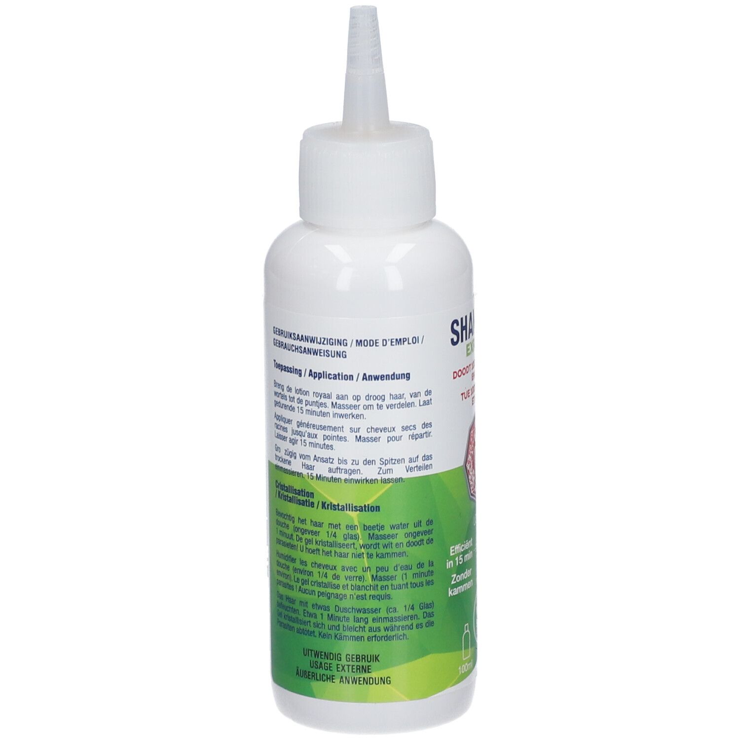 Achterkant van de witte fles met applicator. Tekst in meerdere talen. Groen-wit etiket met productinformatie.